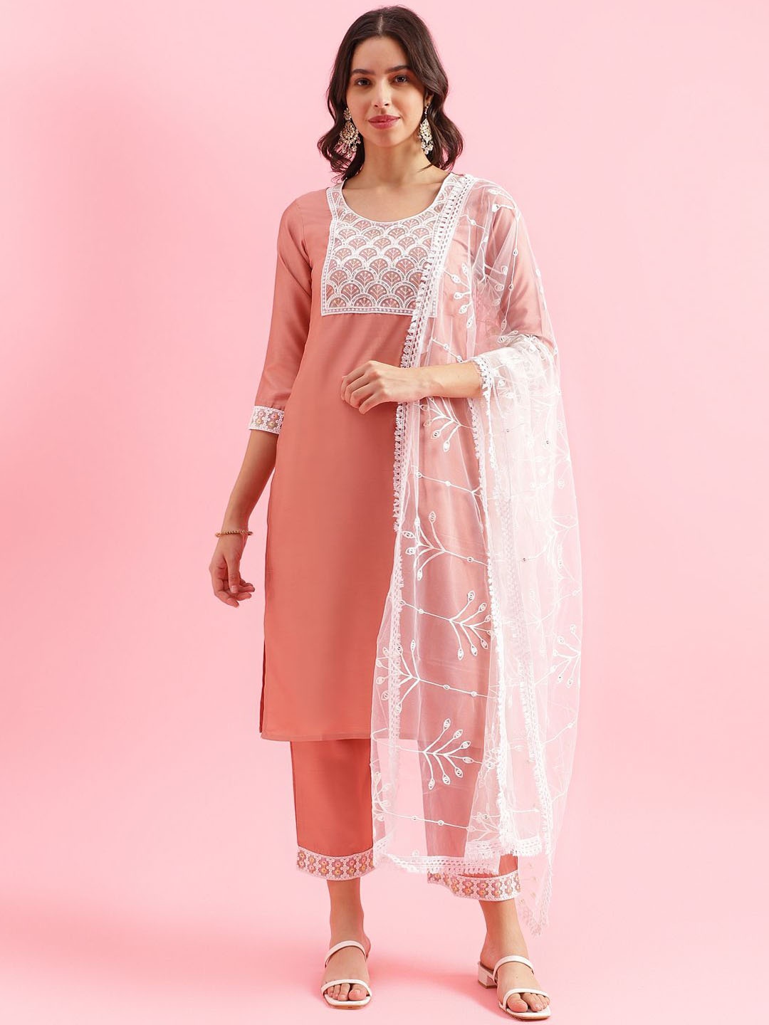 

KALINI Women Embroidered Regular Kurta with Trousers & With Dupatta, Coral