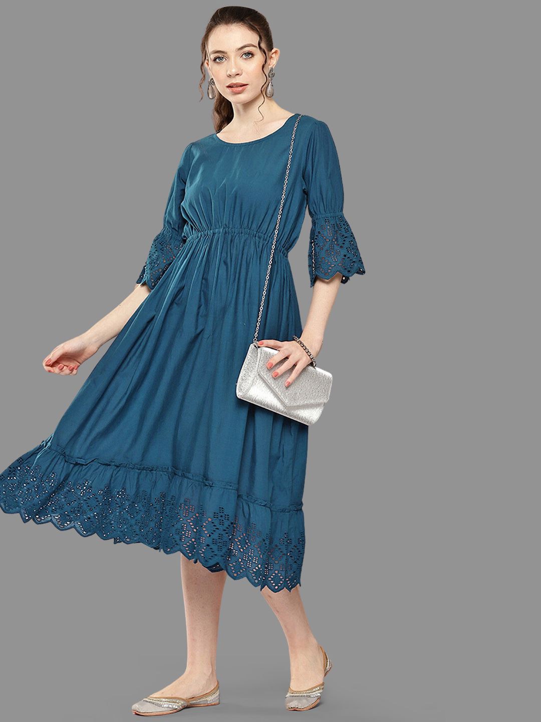 

KALINI Embroidered Flared Sleeve Fit & Flare Midi Dress, Teal