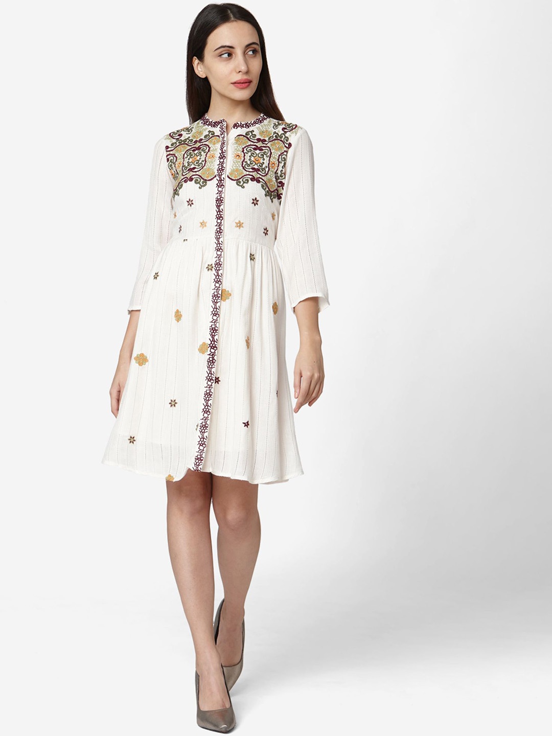 

KALINI Floral Embroidered Mandarin Collar Pure Cotton Fit & Flare Dress, White