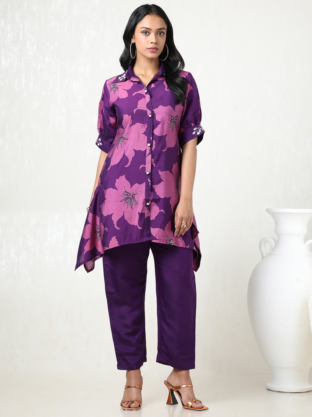 

Soch Women Floral Printed Regular Mirror Work Kurta with Trousers, Purple