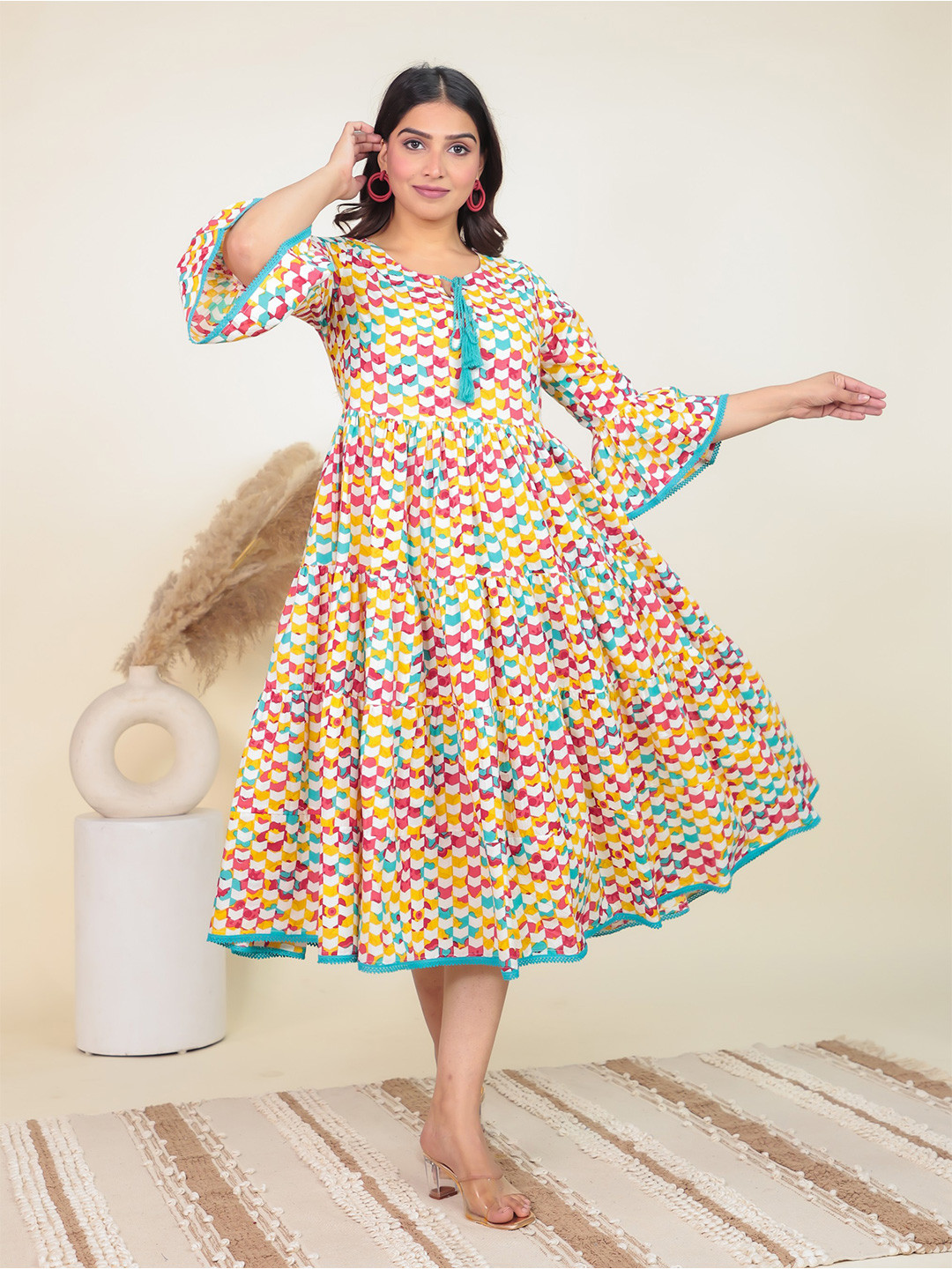 

Aramya Geometric Printed Bell Sleeves Cotton Fit and Flare Ethnic Dress, Off white