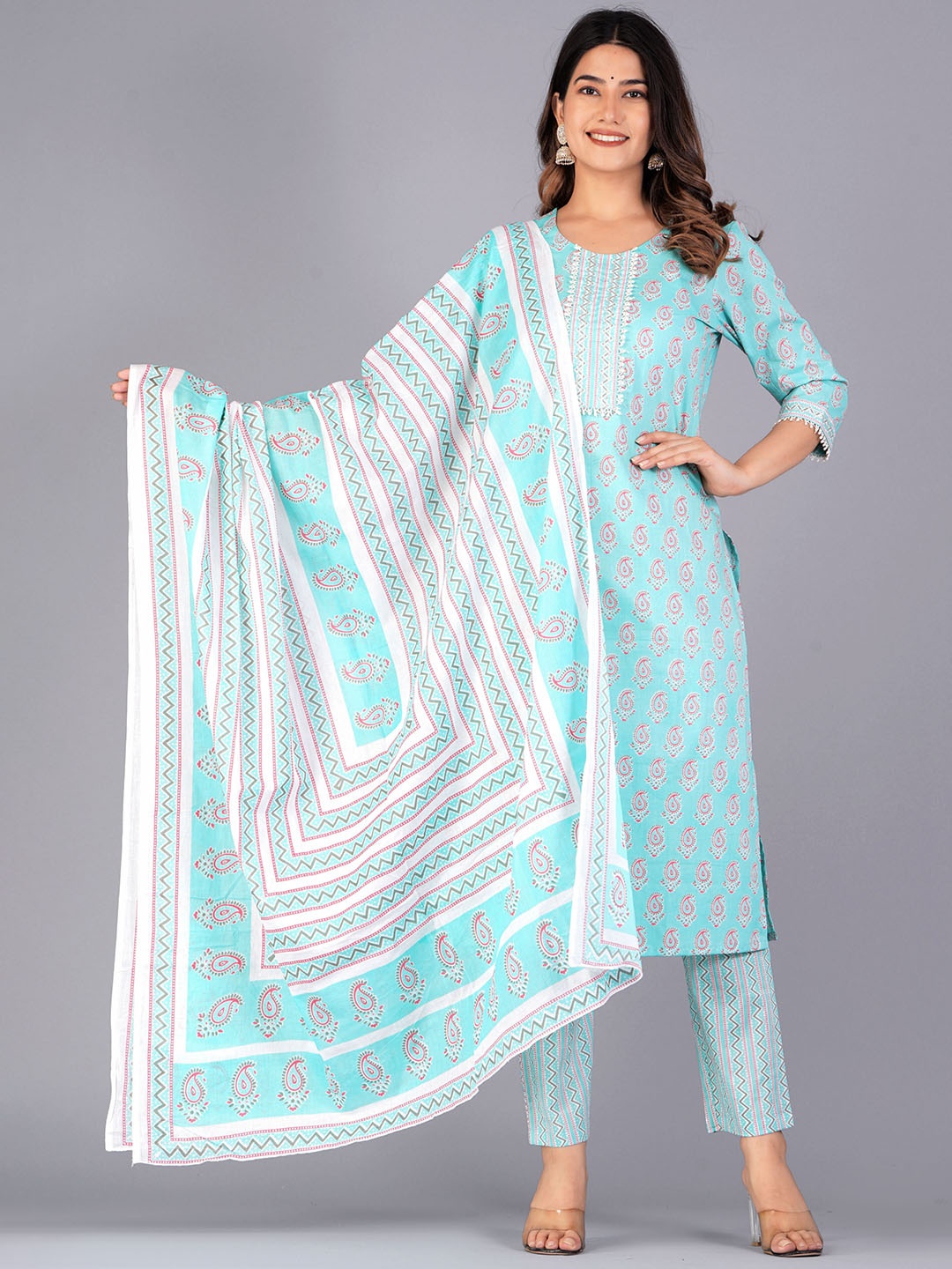 

Moda Rapido Women Ethnic Motifs Printed Regular Gotta Patti Pure Cotton Kurta with Palazzos & With Dupatta, Turquoise blue