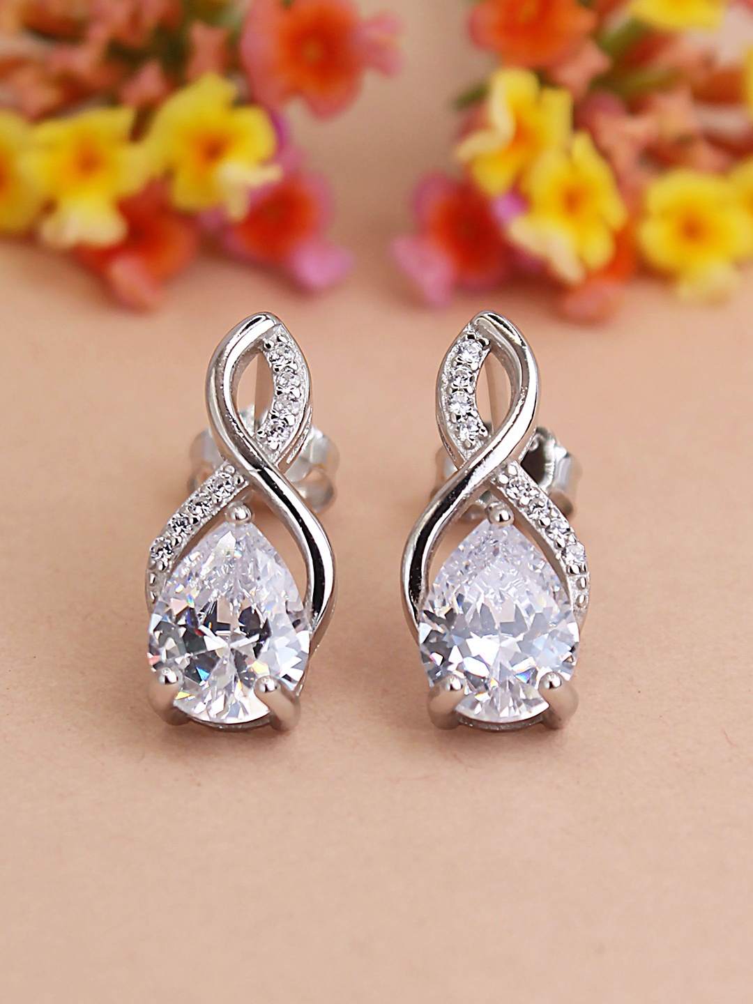 

DEVASHREE 925 Sterling Silver Rhodium-Plated CZ Studded Teardrop Shaped Studs Earrings