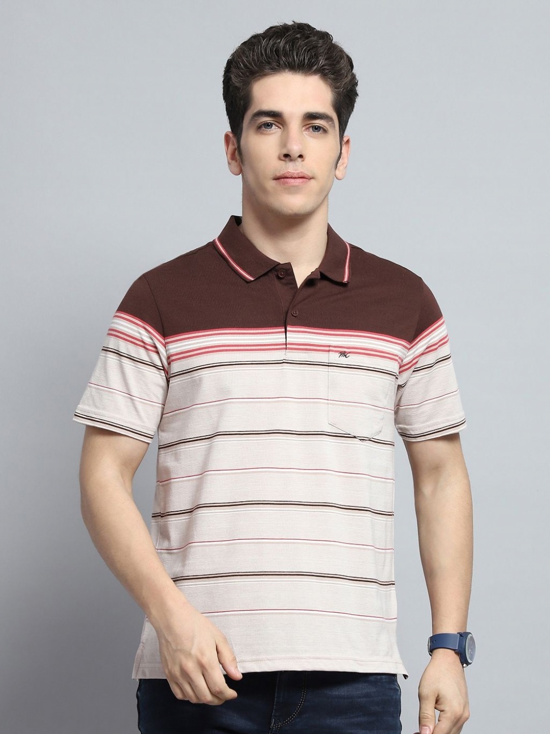 

Monte Carlo Men Striped Polo Collar Pockets T-shirt, Brown