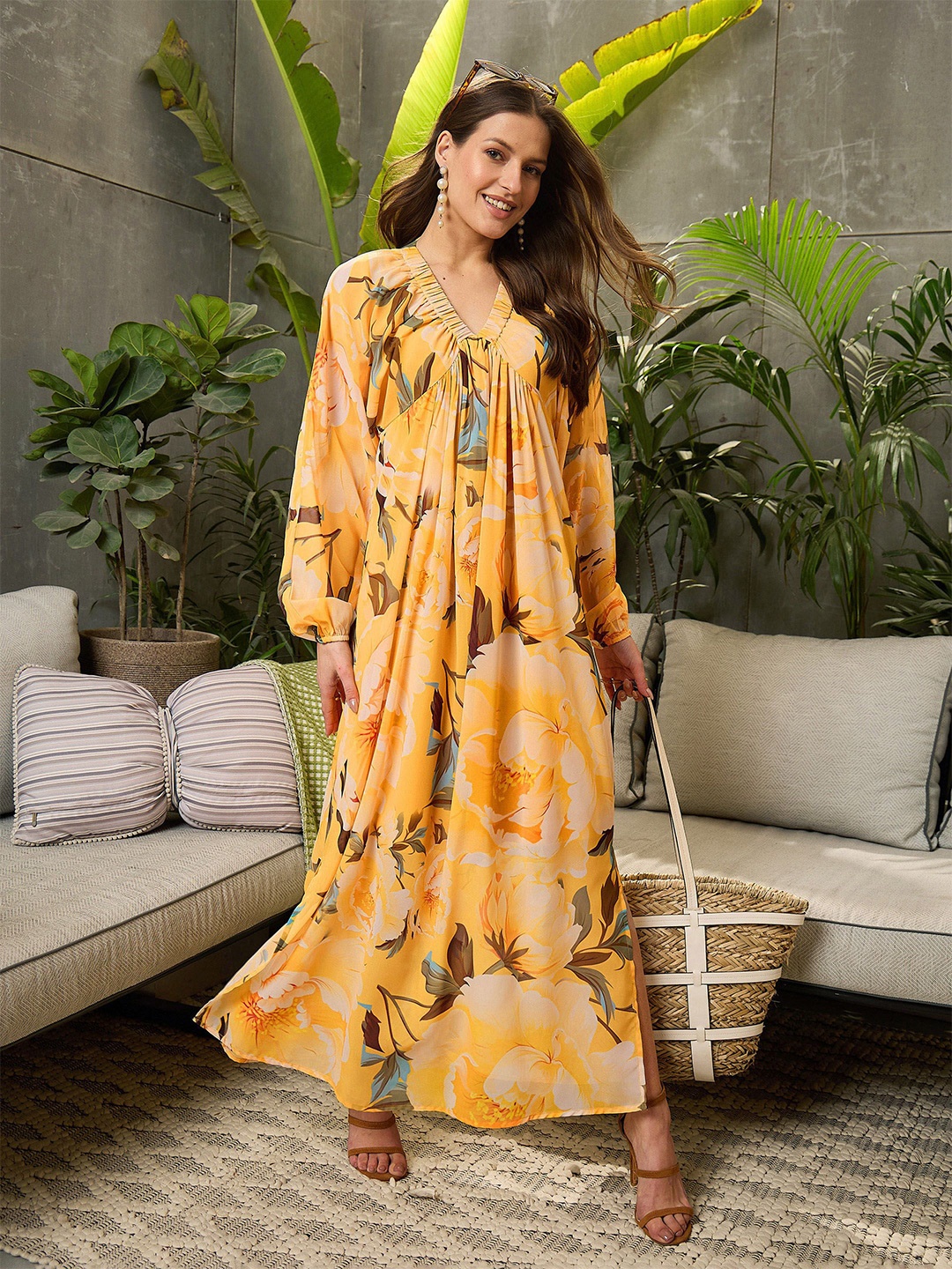 

SASSAFRAS Floral Print Georgette Maxi Dress, Yellow