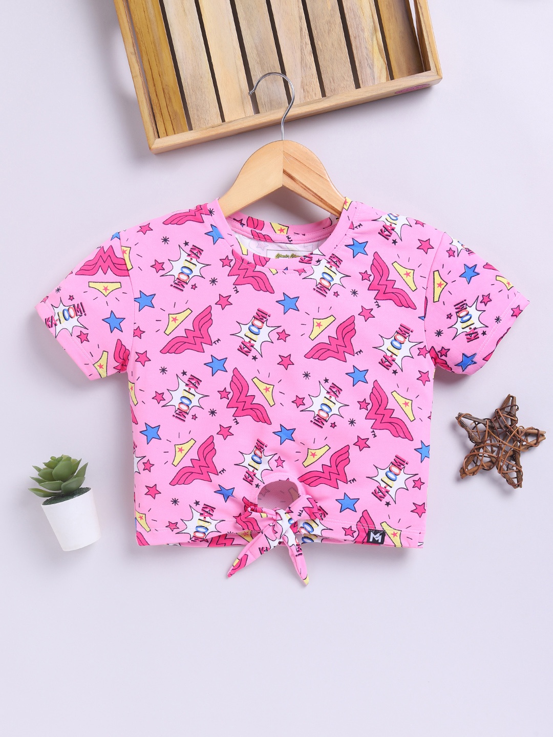 

YK X Minute Mirth Girls Wonder Woman Printed Waist Tie-Ups Crop Top, Pink