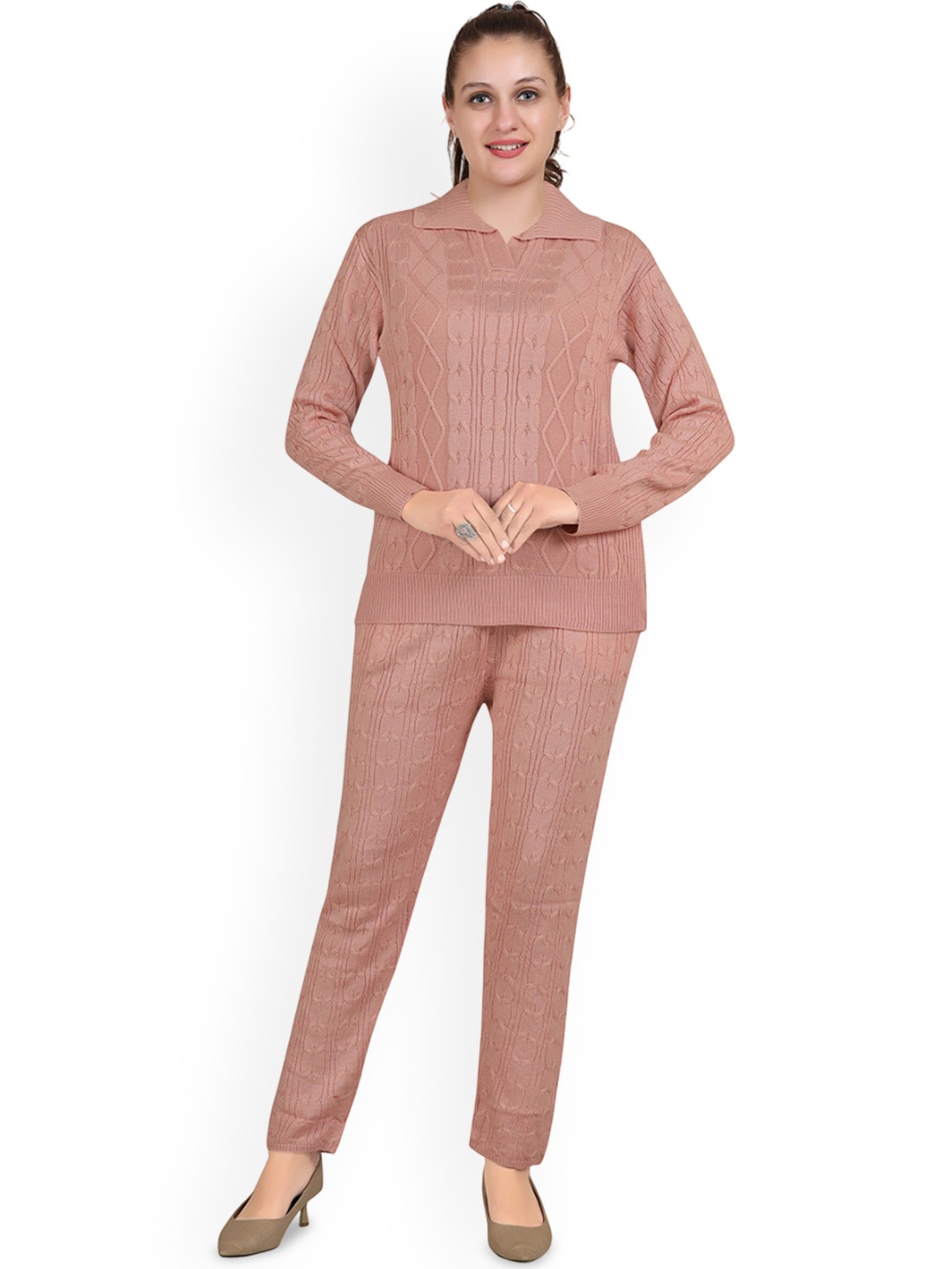 

Roadies Self Design Shirt Collar Top With Trouser, Peach