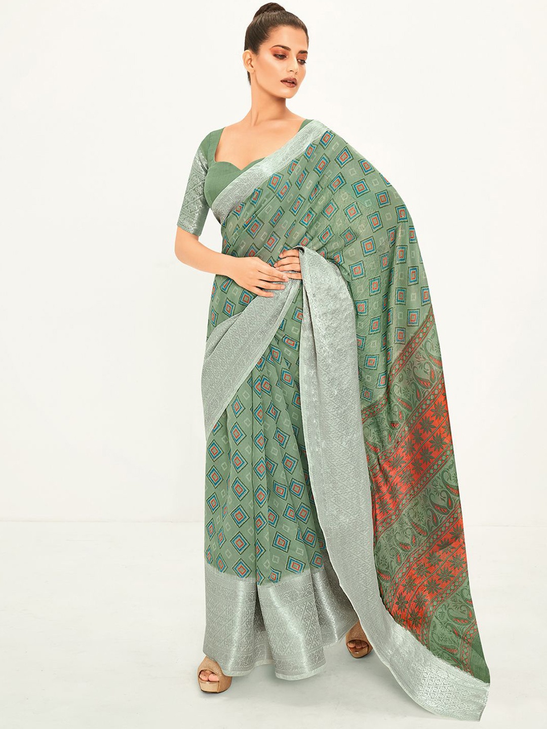 

Mitera Chanderi Saree, Olive
