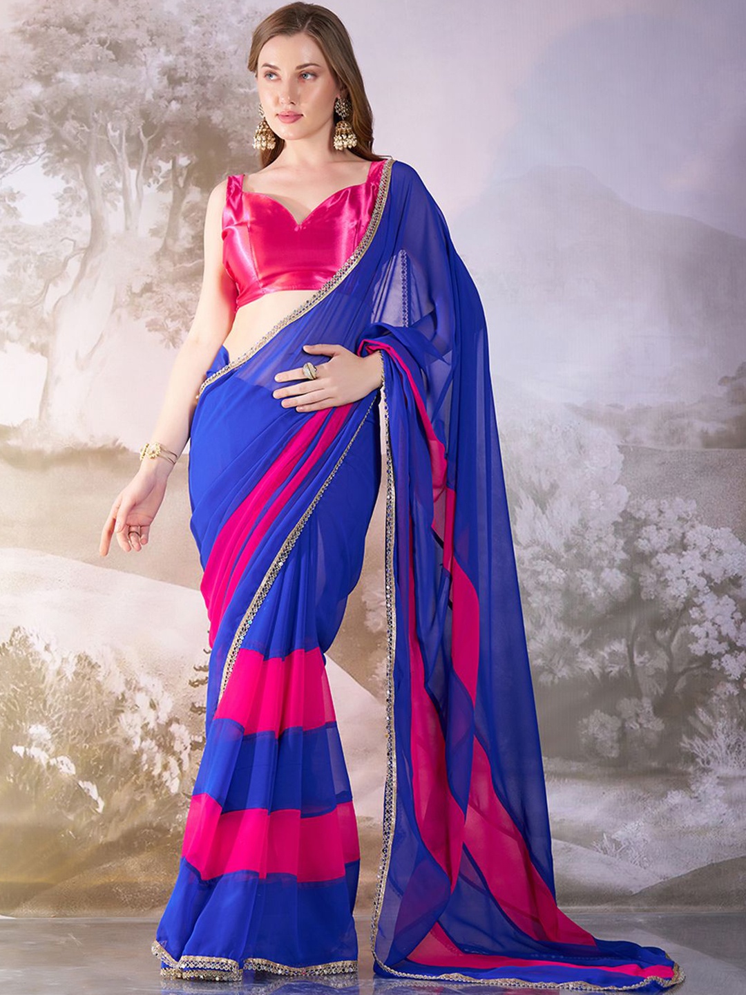 

Kalista Colourblocked Pure Georgette Ready to Wear Saree, Navy blue