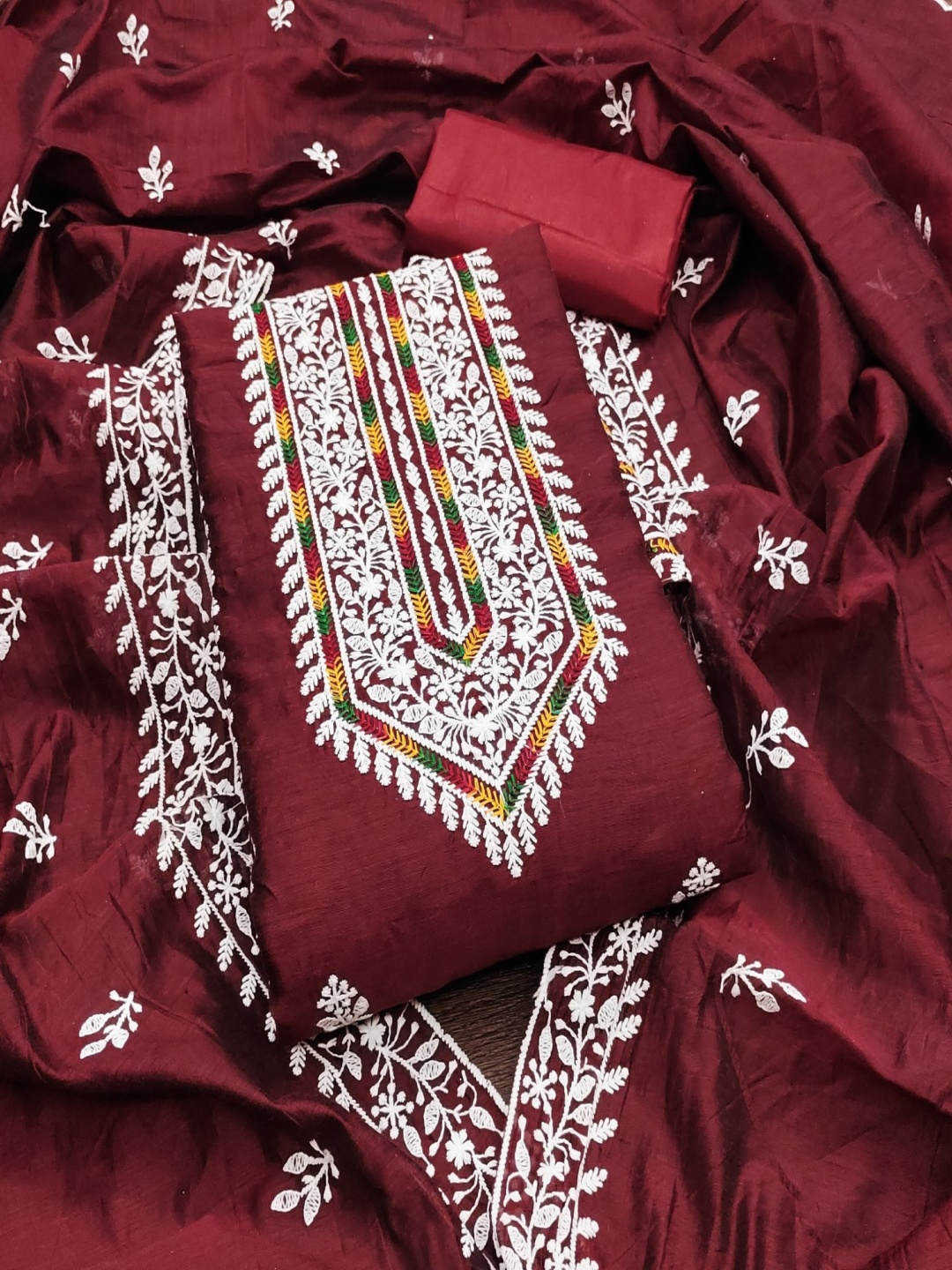 

KALINI Floral Lucknowi Embroidered Cotton Unstitched Dress Material, Maroon
