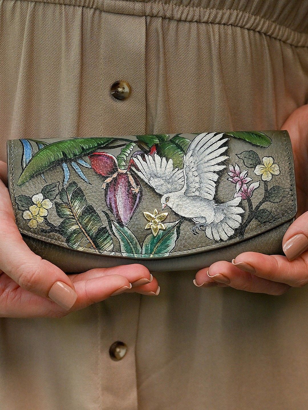

Anuschka Hand Painted Wings of Peace Leather Flap Eyeglass Case, Grey