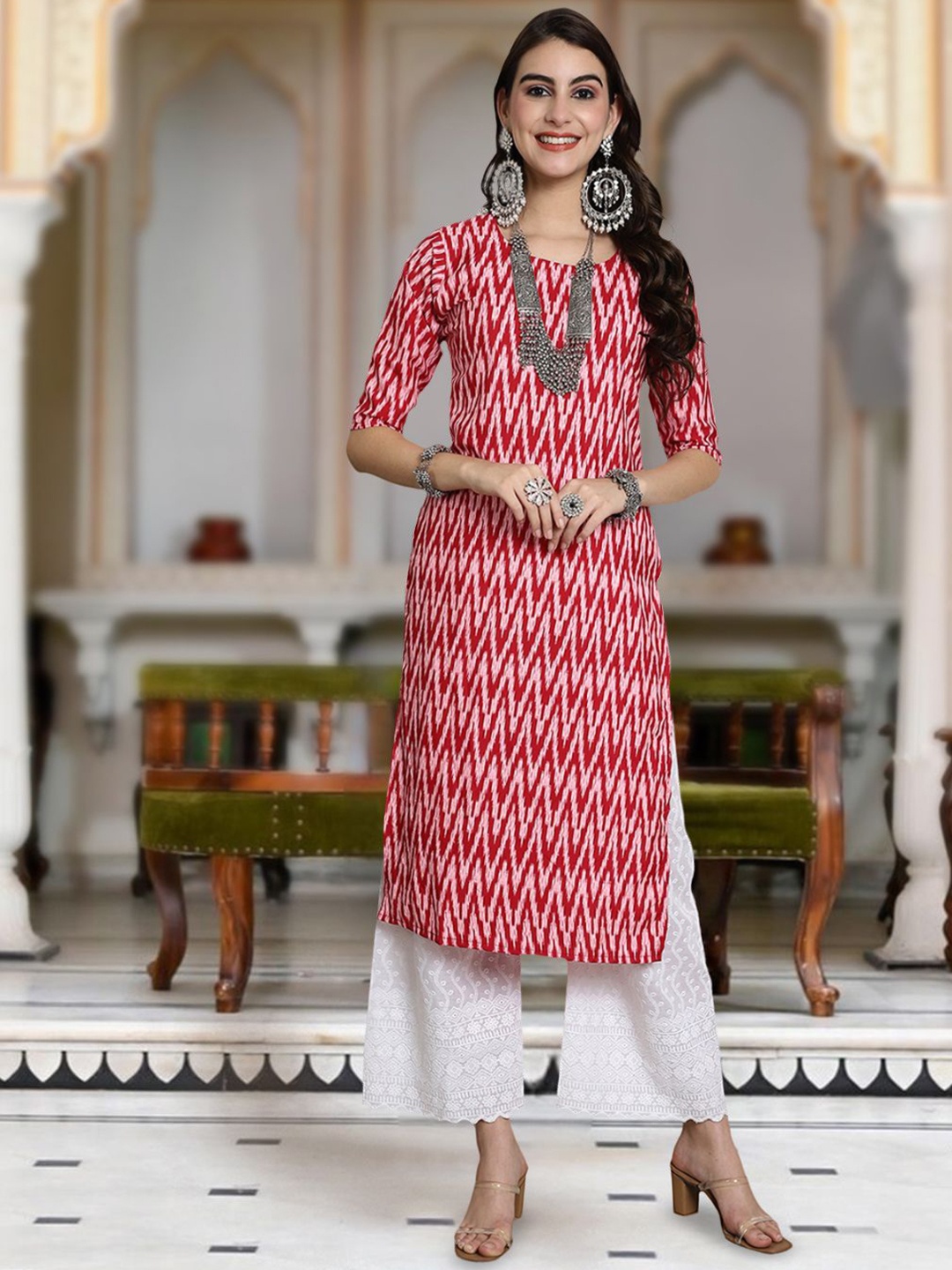 

Moda Rapido Selection Of 2 Chevron Printed Round Neck Straight Kurta, Red