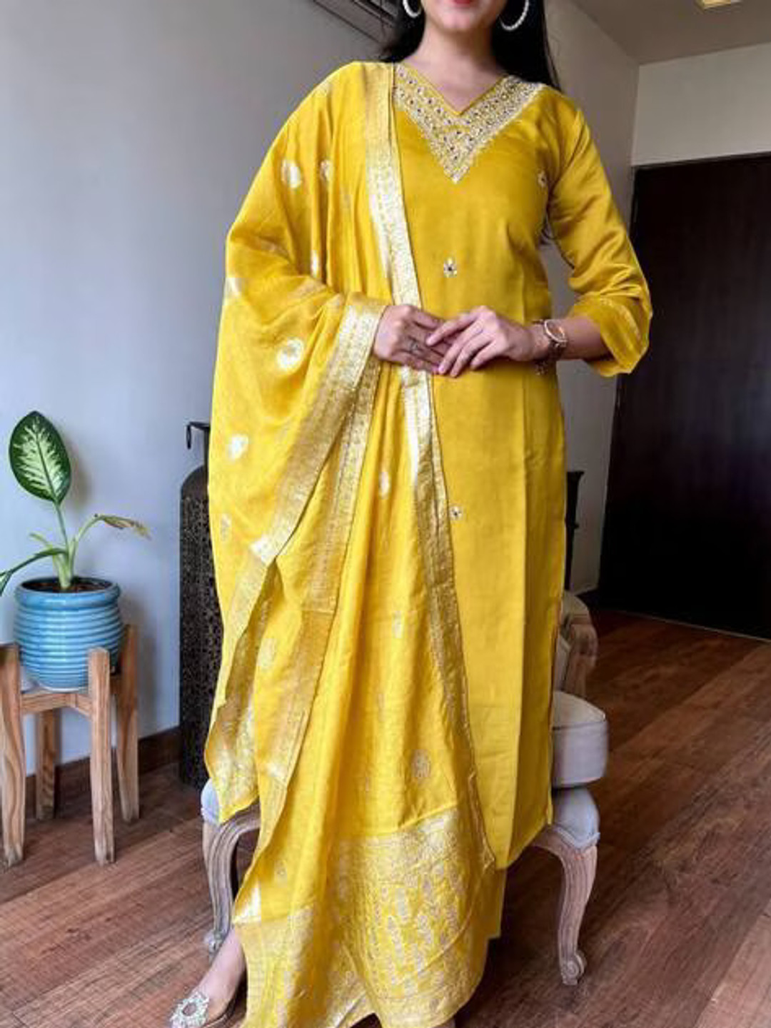 

Moda Rapido Women Ethnic Motifs Embroidered Regular Pure Cotton Kurta with Trousers & With Dupatta, Yellow