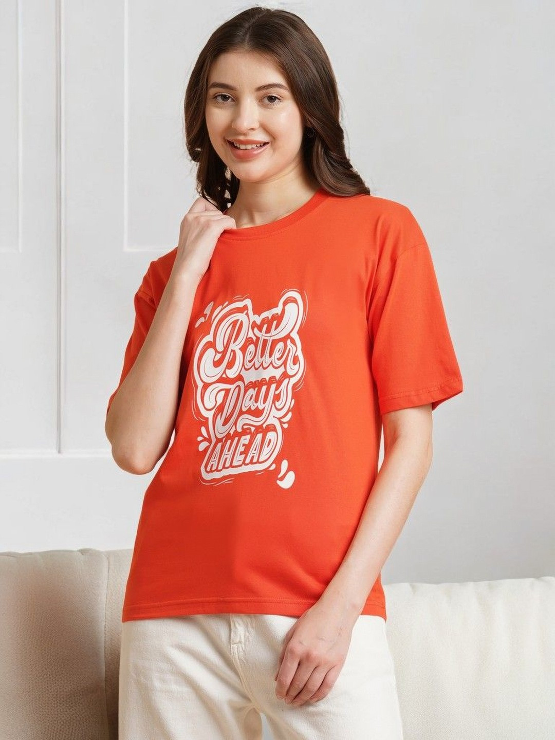 

DressBerry Women Typography Printed Pockets T-shirt, Orange