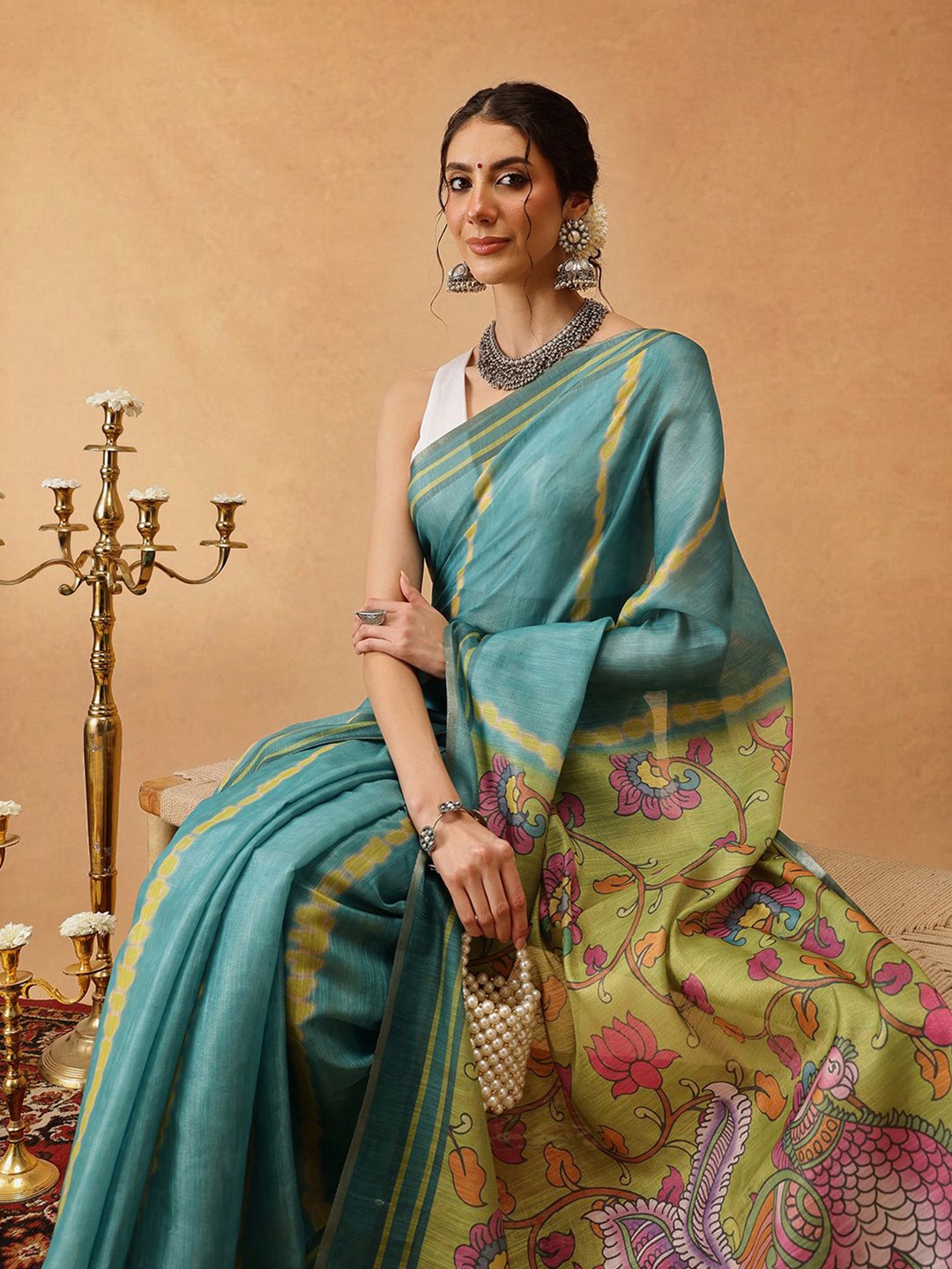 

Silk Land Floral Chnaderi Cotton Digital Print Saree, Teal