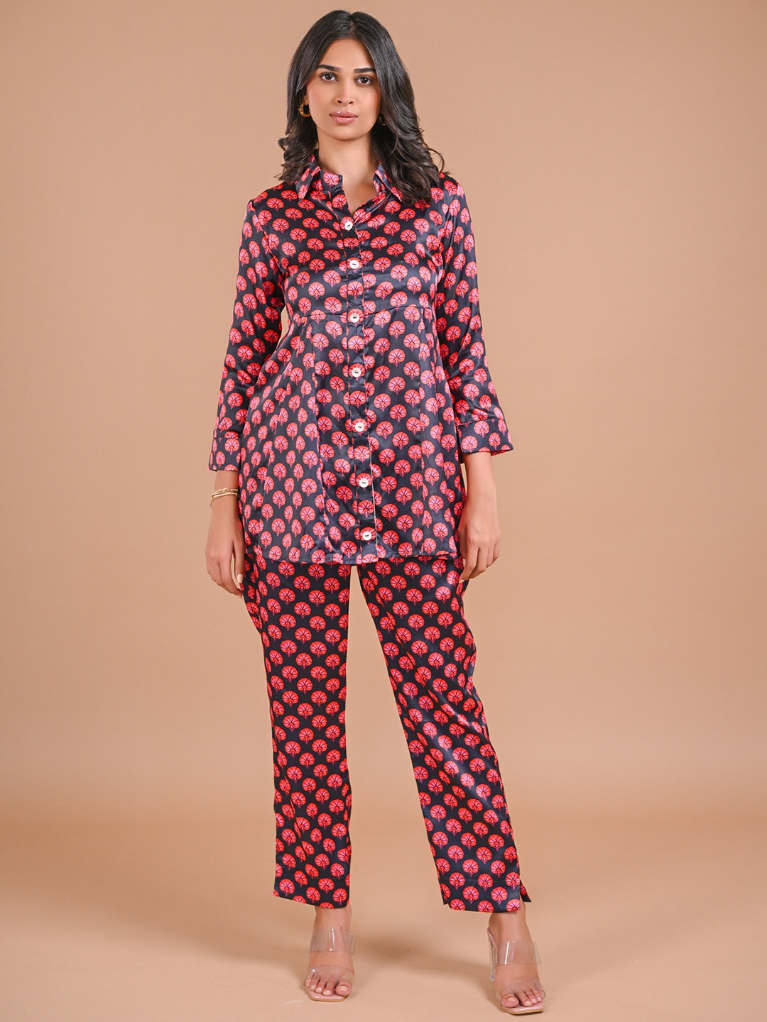 

aaRVee STUDIO Printed Three-Quarter Sleeves Shirt With Trouser, Black