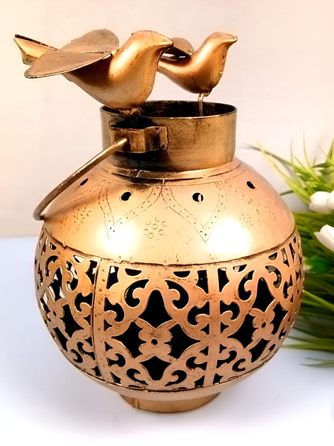 

apka mart Gold-Toned and Black TeaLight Holder Hanging Textured Metal Candle Holder