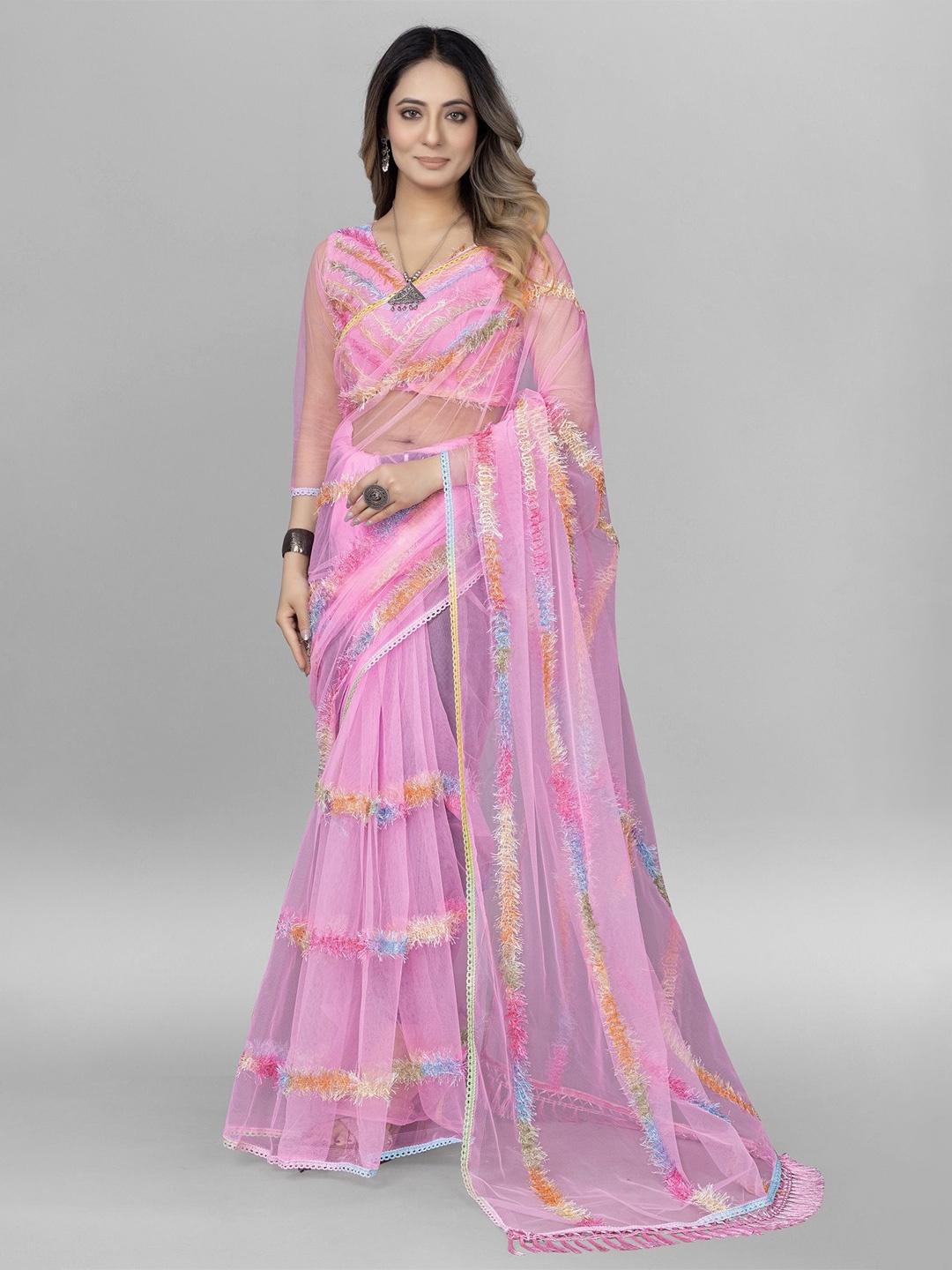

A TO Z CART Striped Embroidered Net Saree, Pink