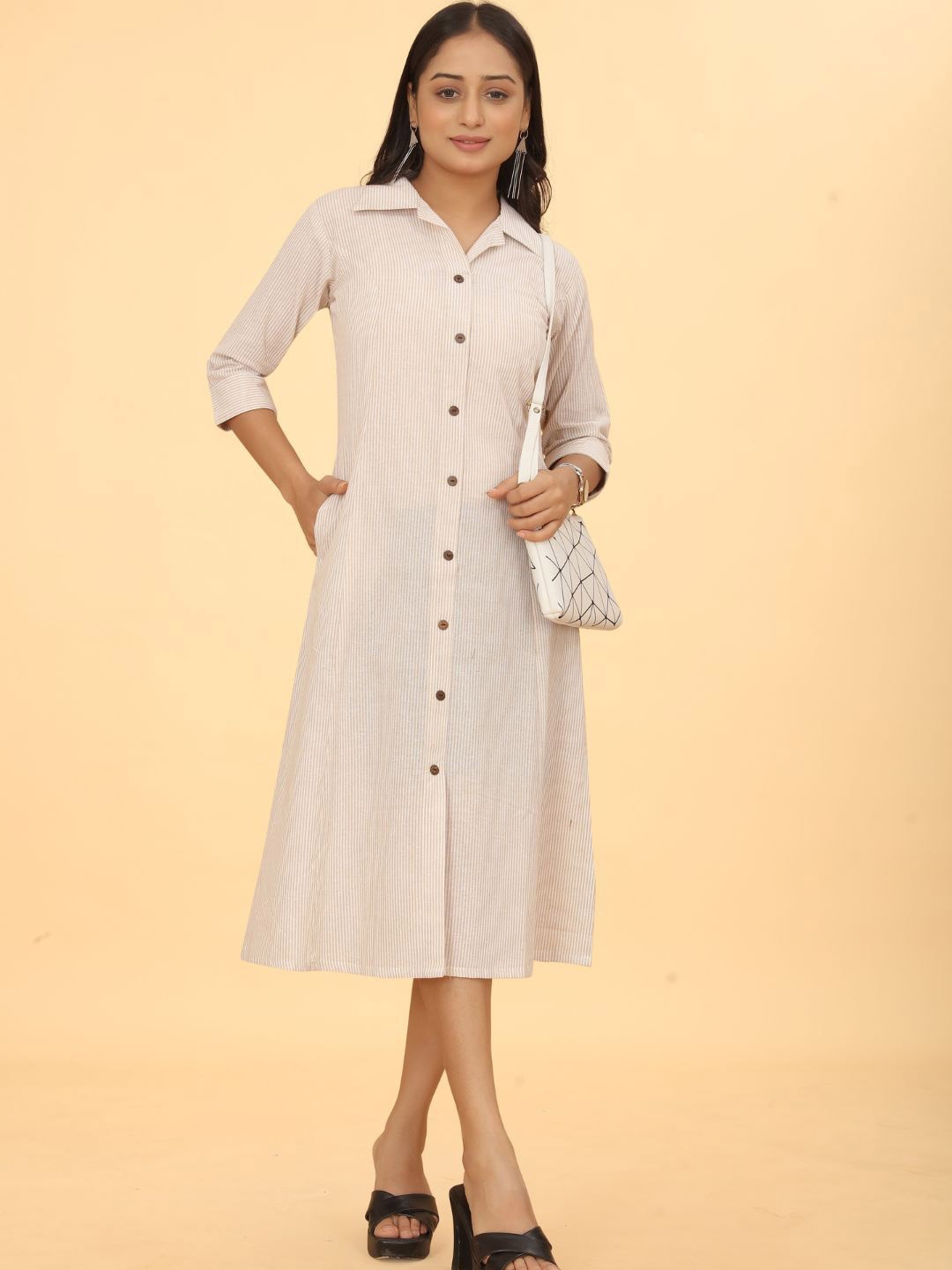 

Flossy Striped A-Line Midi Dress, Cream