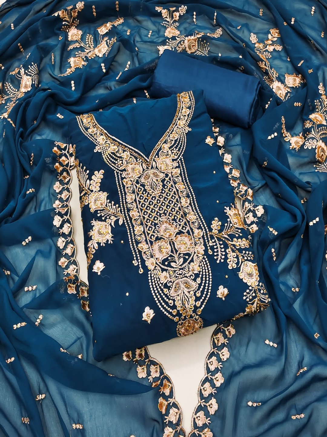 

Rangtulika Floral Embroidered Stone Work Unstitched Dress Material, Blue