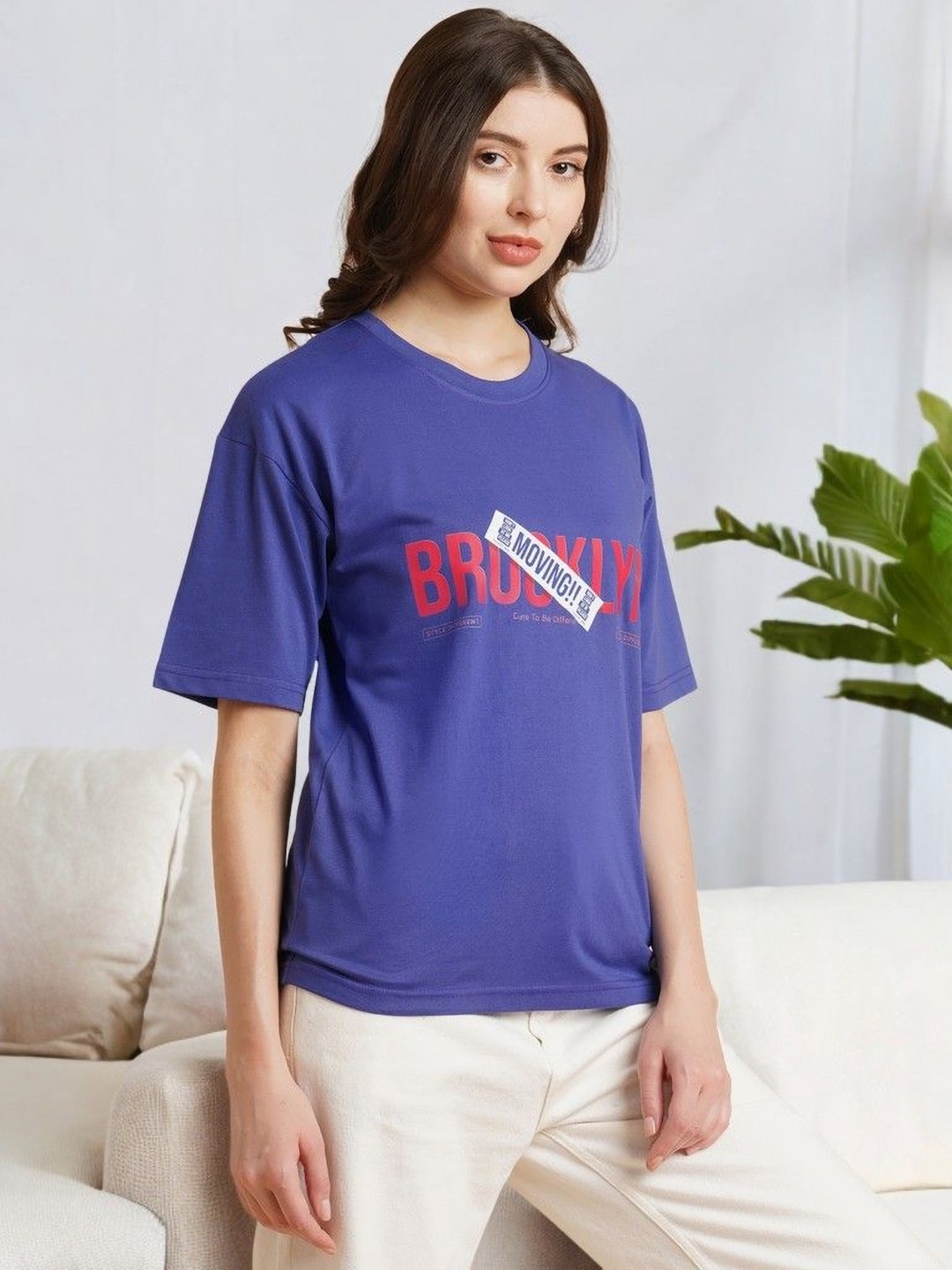 

DressBerry Women Typography Printed Pockets T-shirt, Blue