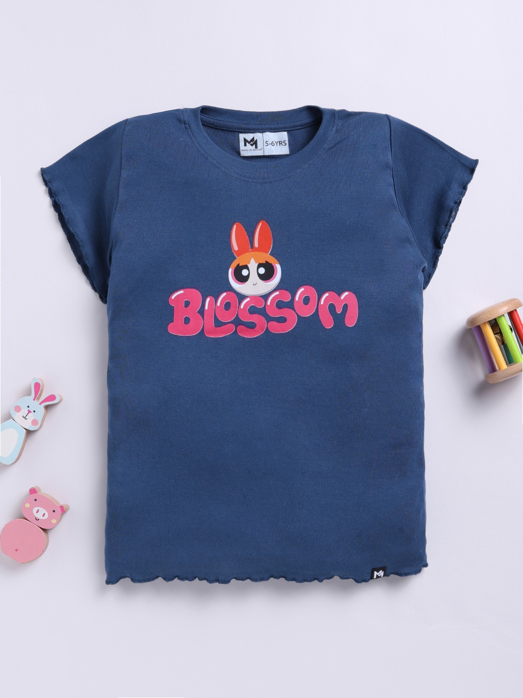 

YK X Minute Mirth Girls Powerpuff Girls Printed Cotton Top, Navy blue