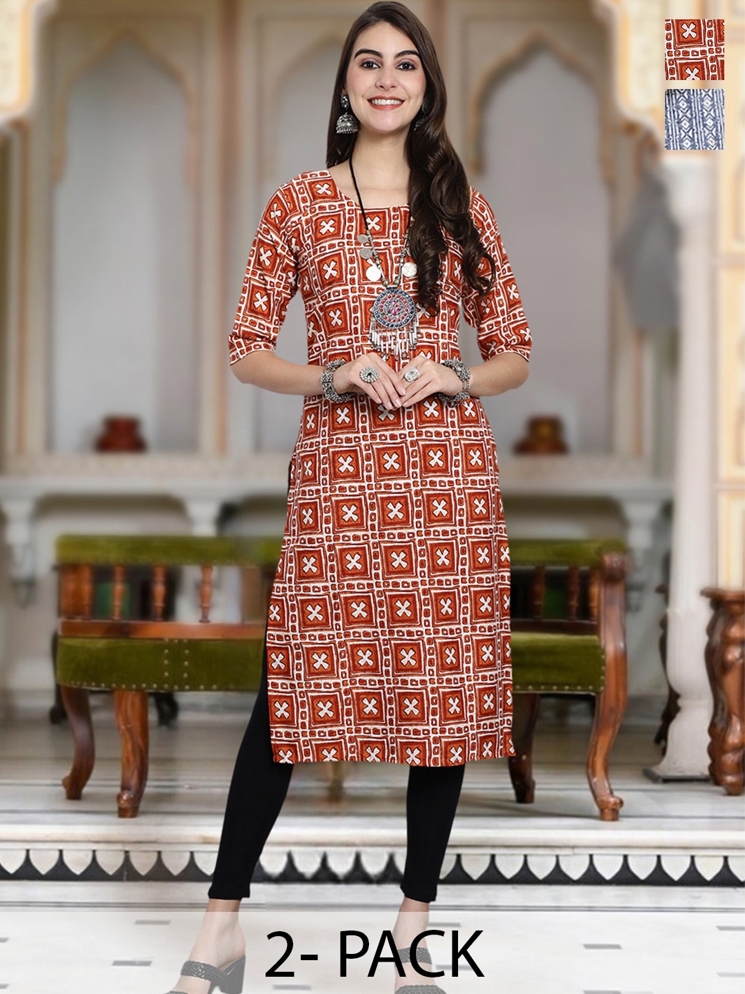 

Moda Rapido Selection Of 2 Geometric Printed Round Neck Straight Kurta, Orange