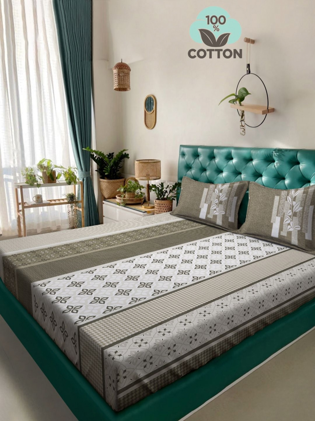 

Myntra Elegant Homes Olive Green & White Geometric 400 TC King Bedsheet with 2 Pillow Covers