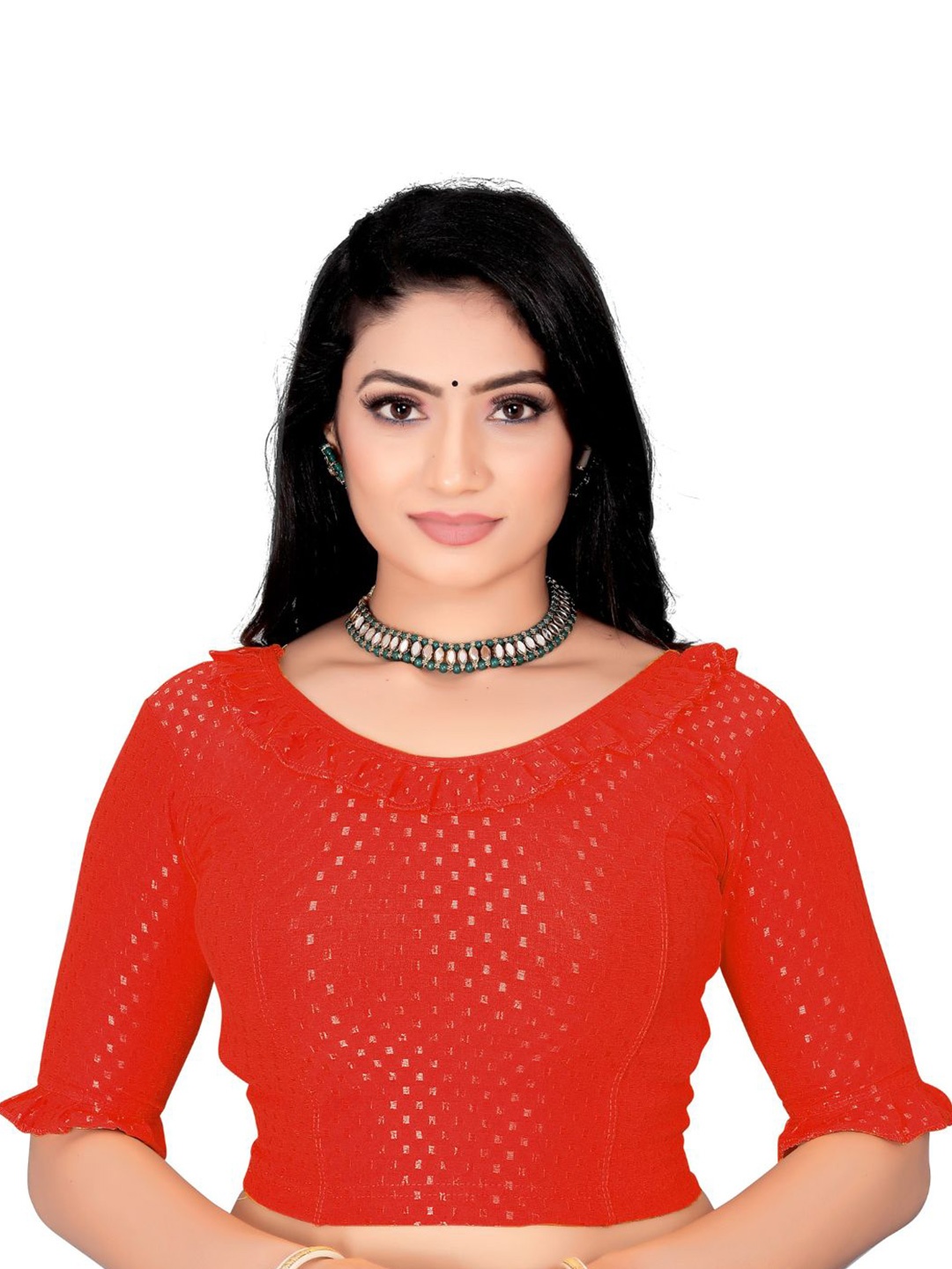 

SS Sanket Synthetics Self-Designed Cotton Frill Blouse, Red