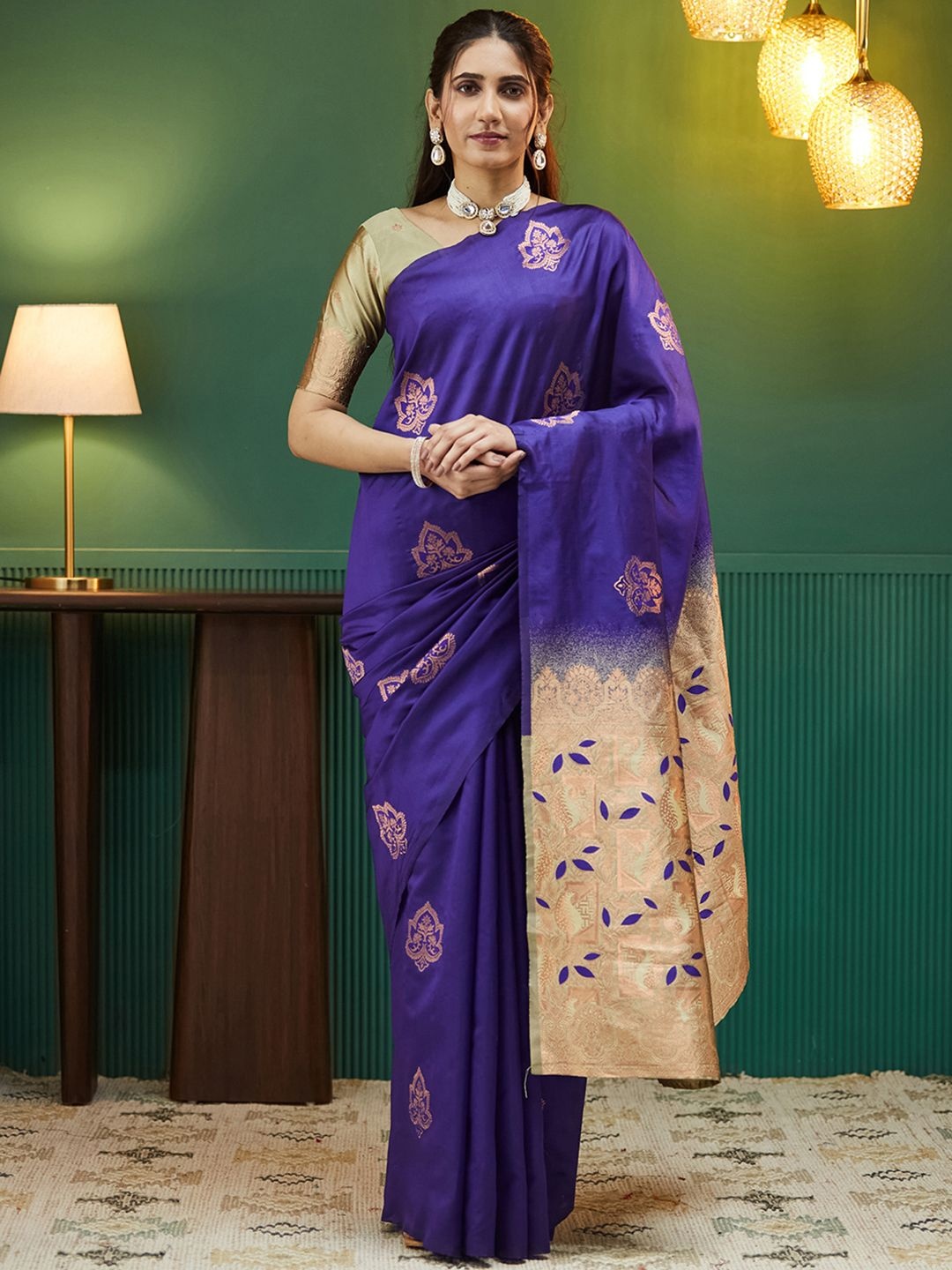 

KALINI Woven Design Zari Pure Silk Chanderi Saree, Purple