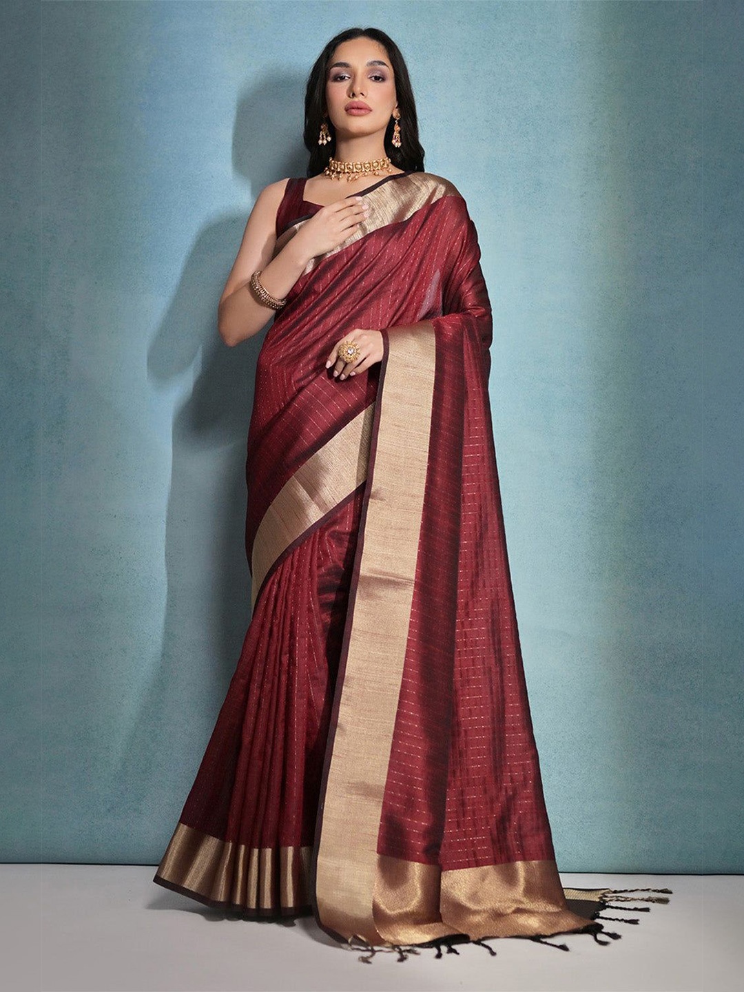 

FASHION STROM Woven Design Silk Blend Designer Saree, Maroon