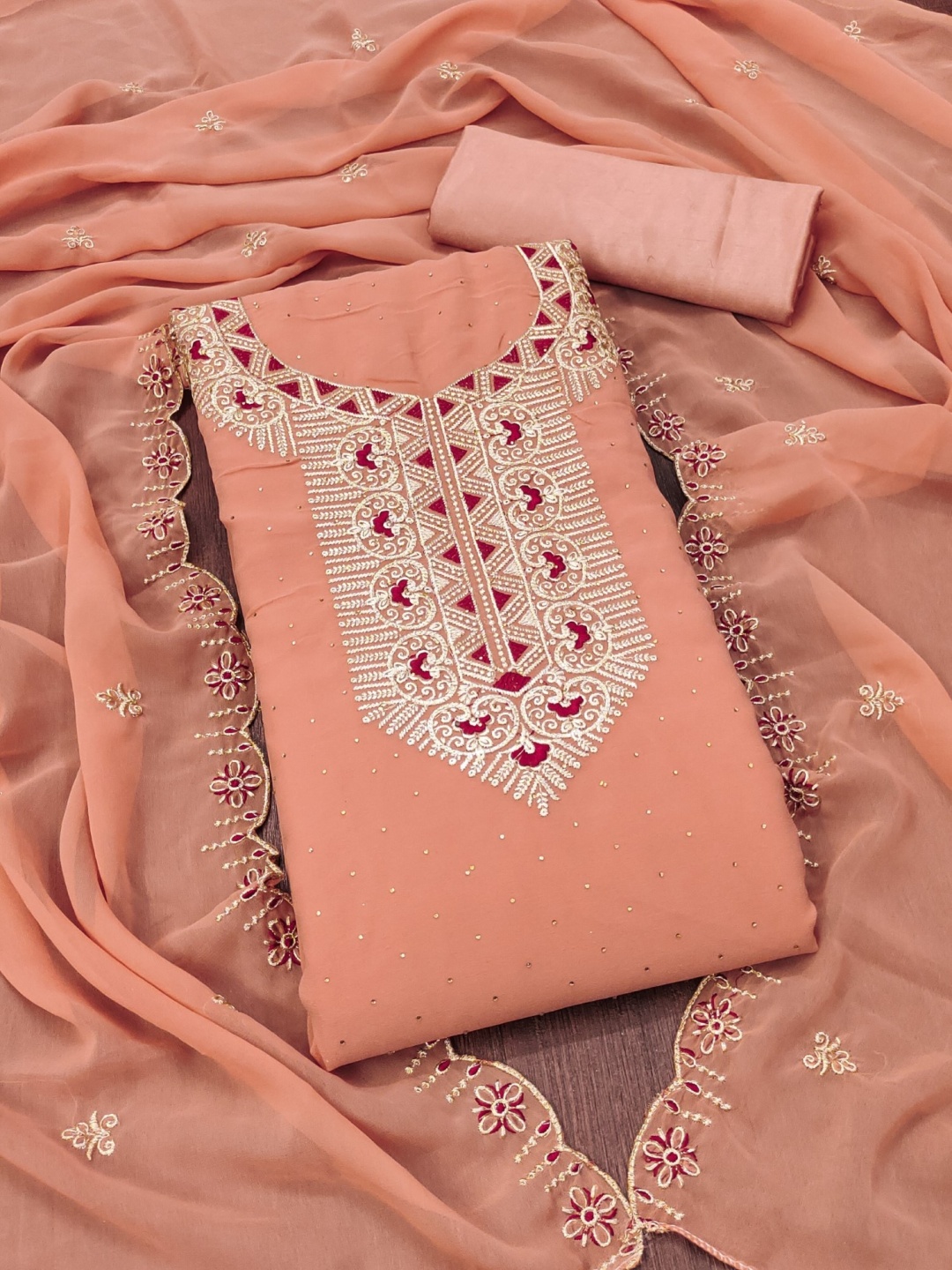 

KALINI Ethnic Motifs Embroidered Georgette Unstitched Dress Material, Peach