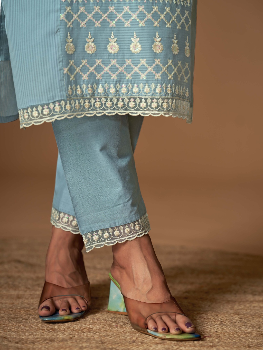 

ORUS Women Embroidered Regular Thread Work Pure Cotton Kurta with Trousers & With Dupatta, Grey