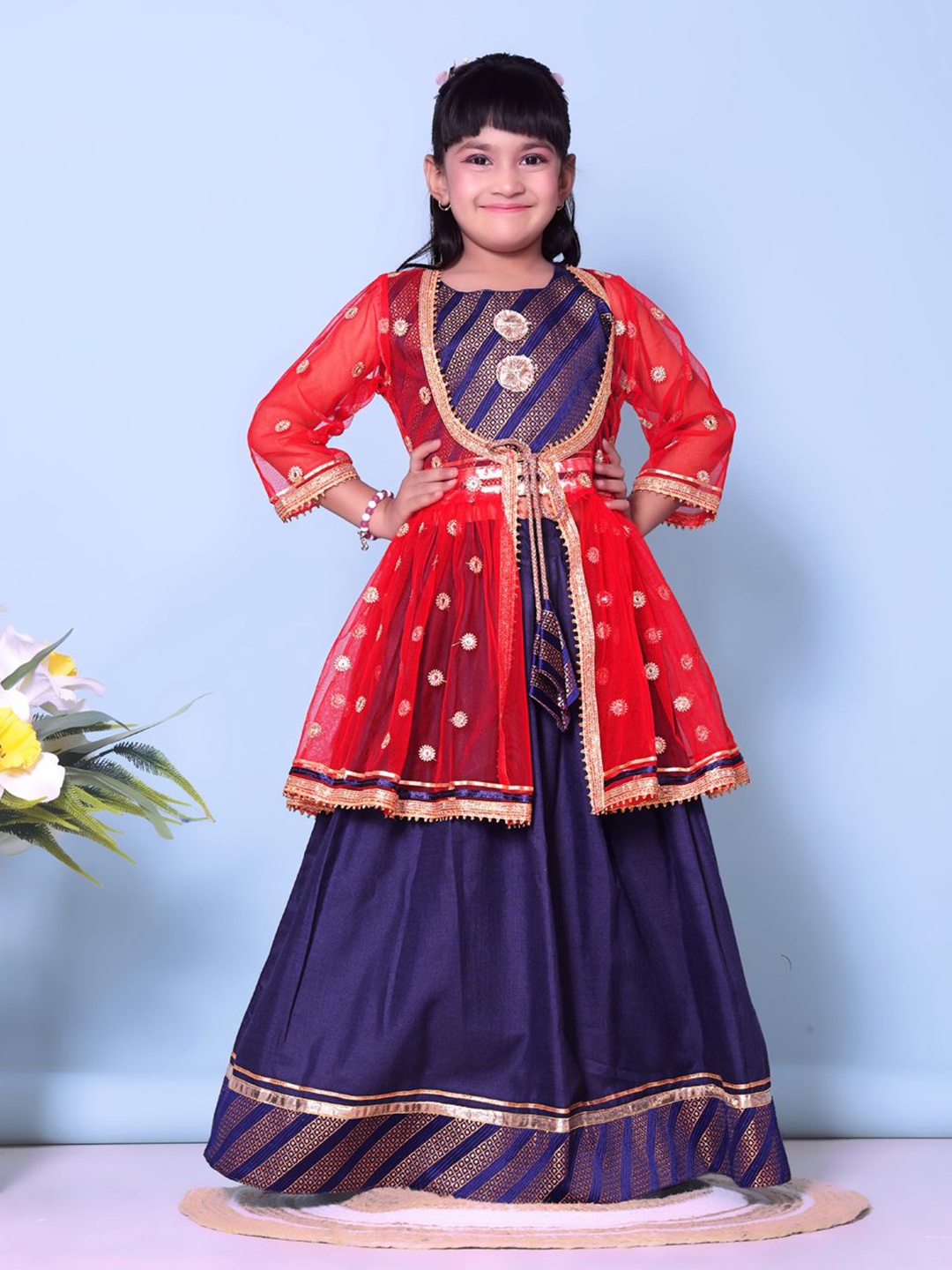 

BAESD Girls Embroidered Mirror Work Choli & Lehanga With Koti, Red