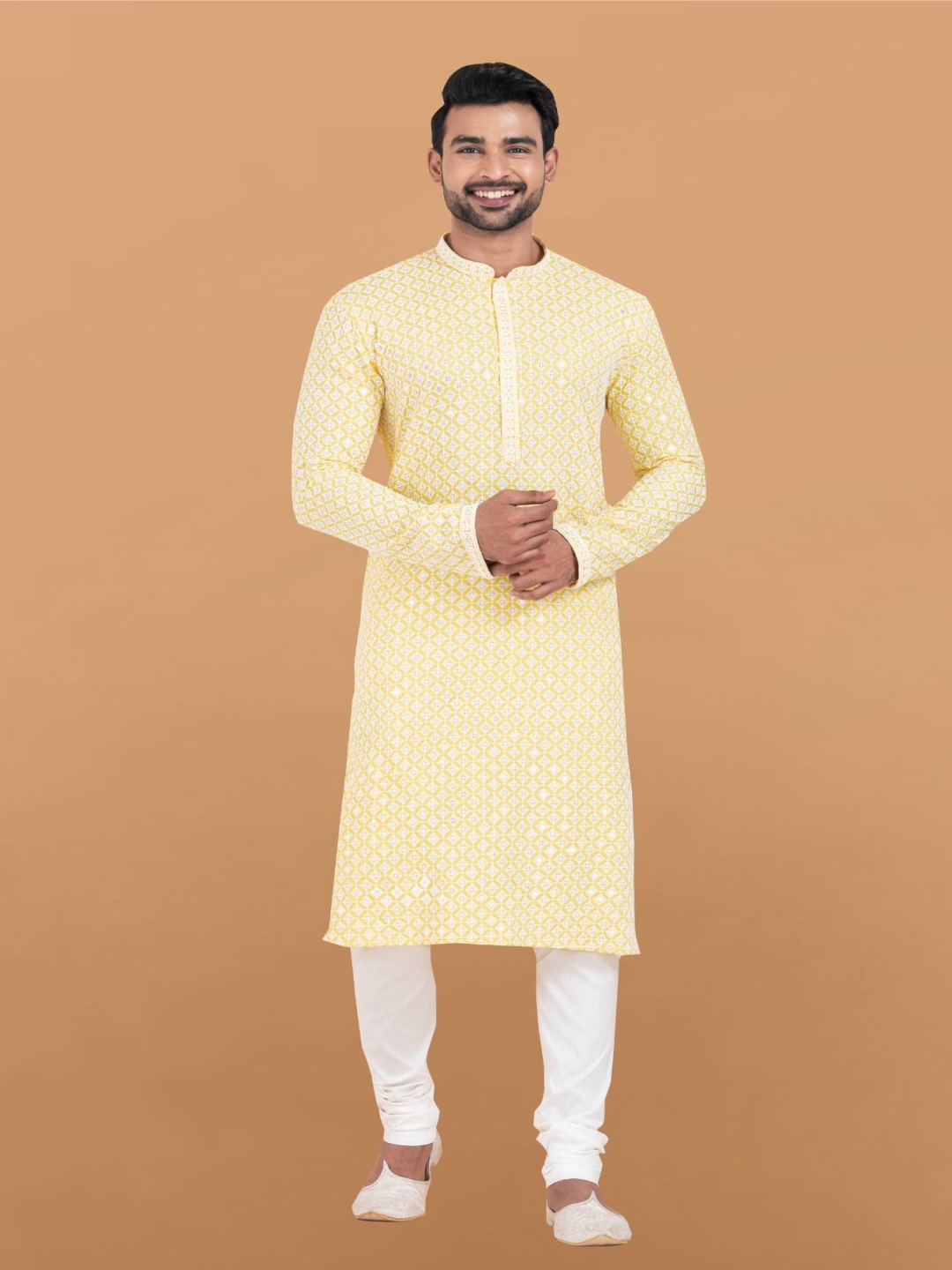 

ROOTED LIBAAS Men Ethnic Motifs Embroidered Regular Kurta with Pyjamas, Yellow