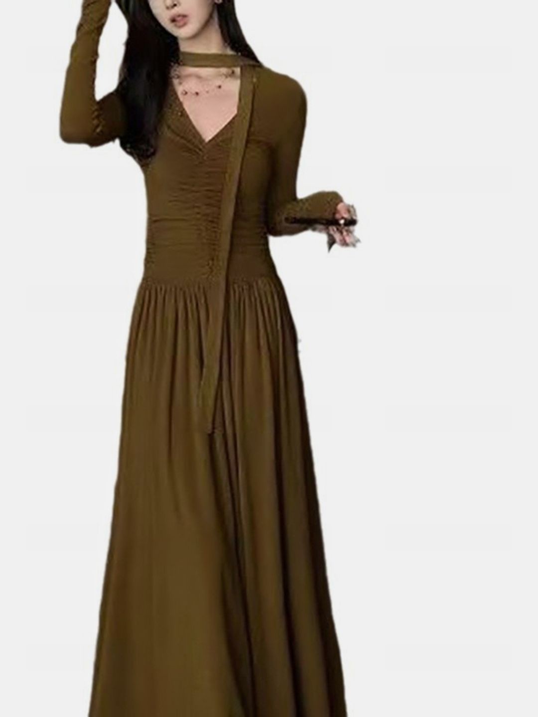 

DressBerry Bell Sleeve A-Line Midi Dress, Khaki
