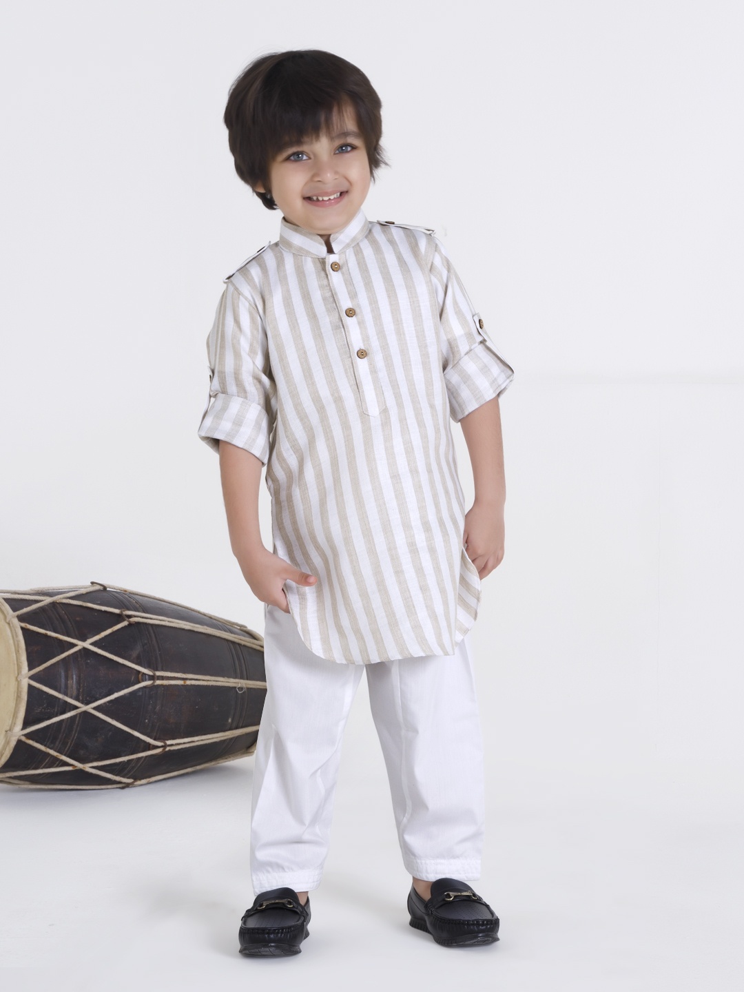 

Ministitch Boys Ethnic Motifs Striped Regular Linen Kurta with Pyjamas, Beige