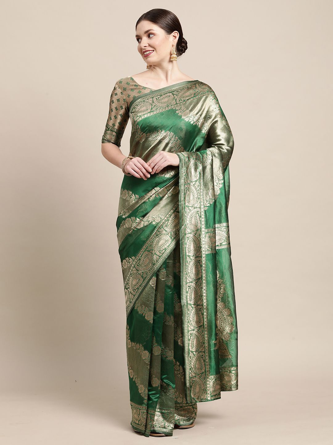 

Mitera Floral Zari Silk Blend Banarasi Saree, Green