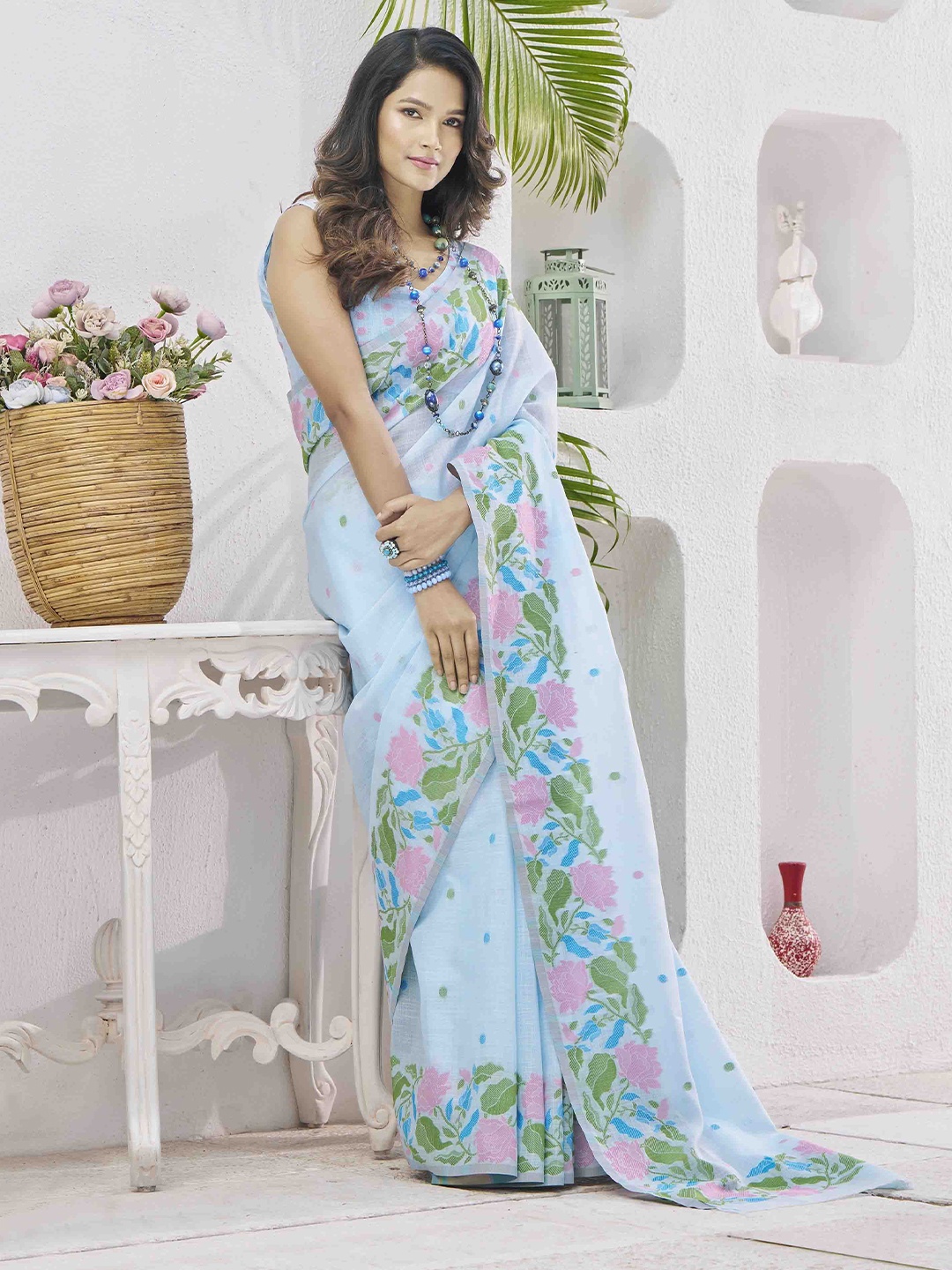 

Blissta Woven Design Linen Blend Saree, Blue