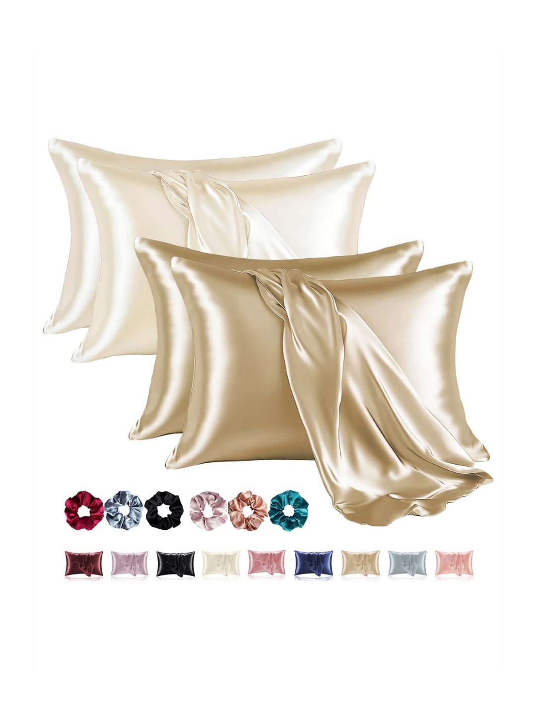 

Aura Champagne & Off White 4 Pieces Solid Pure Silk Rectangle Pillow Covers