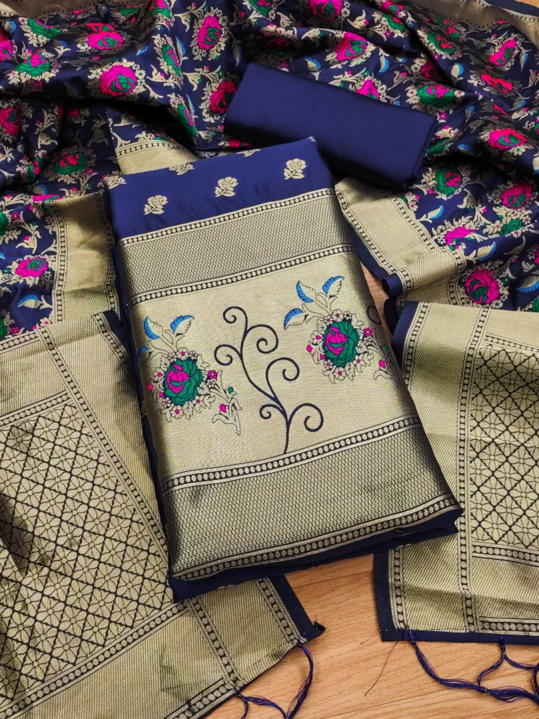 

Rangtulika Floral Woven Design Banarasi Silk Unstitched Dress Material, Navy blue