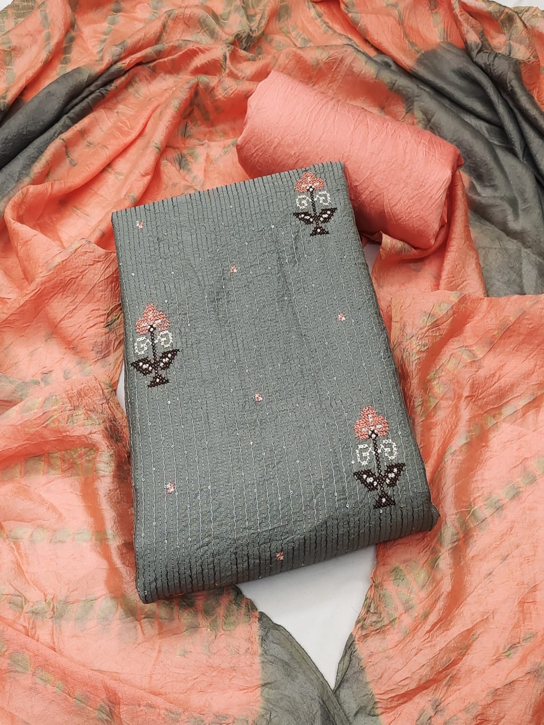 

Rangtulika Ethnics Floral Embroidered Unstitched Dress Material, Grey