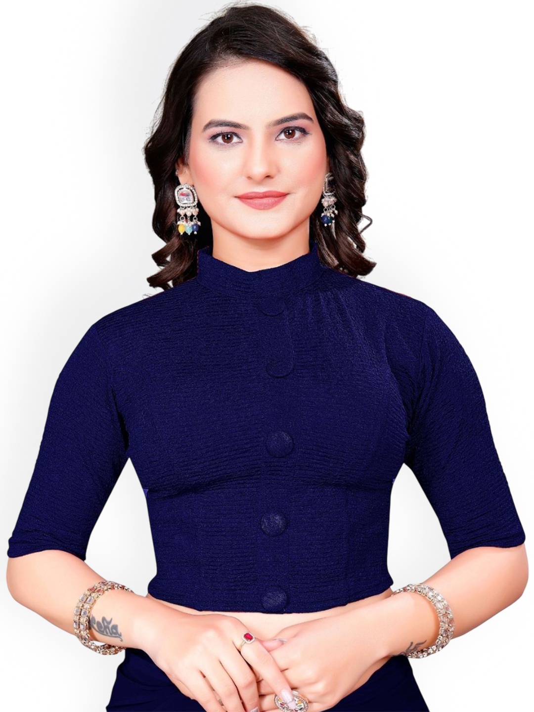 

SS Sanket Synthetics Self Design Cotton Shorts Sleeves Saree Blouse, Navy blue