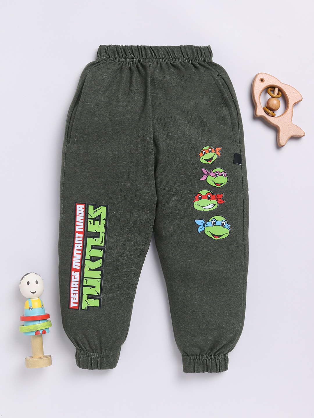 

YK X Minute Mirth Boys Ninja Turtles Printed Cotton Joggers, Olive