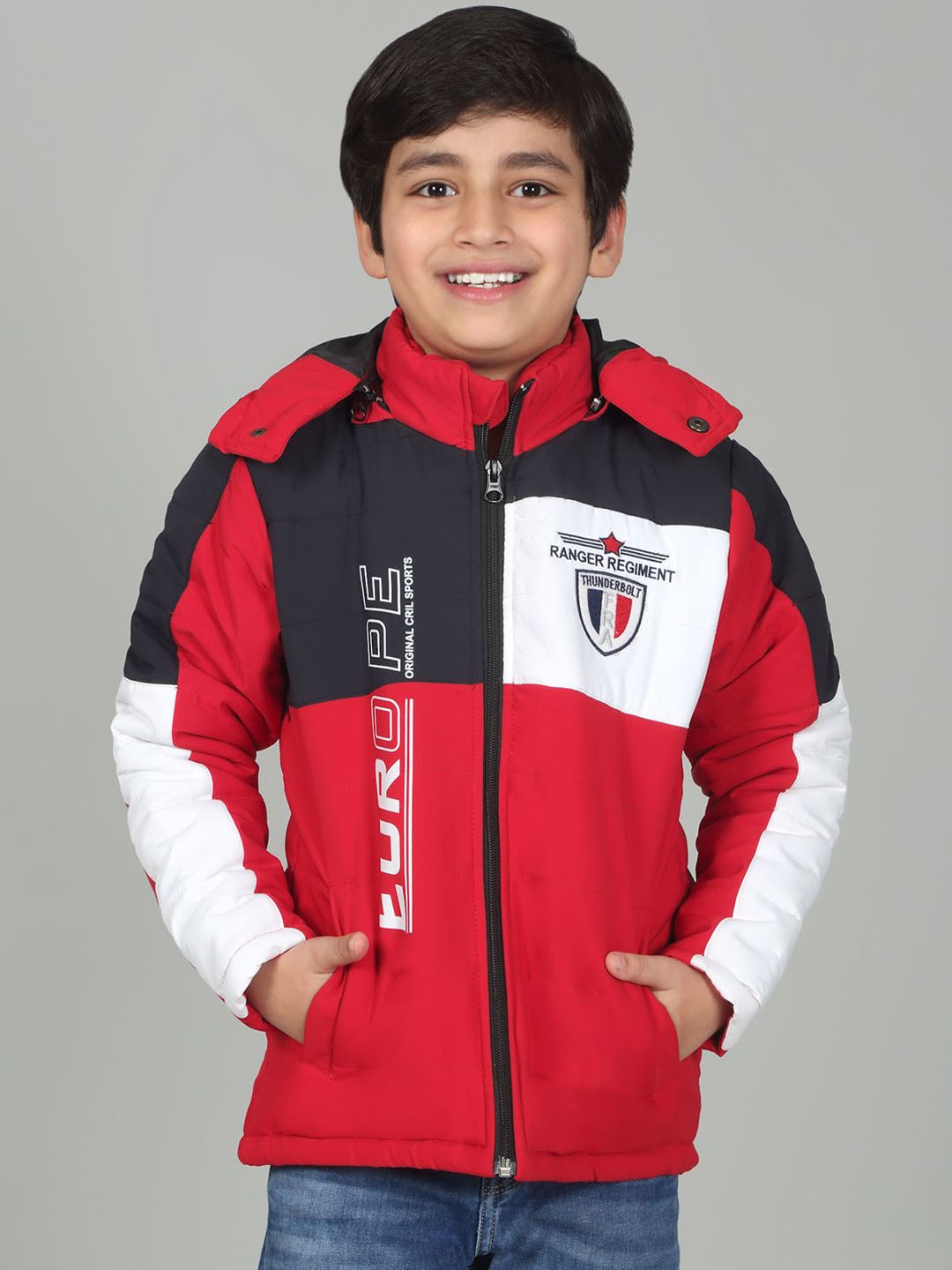 

Cantabil Boys Padded Jacket with Patchwork, Red