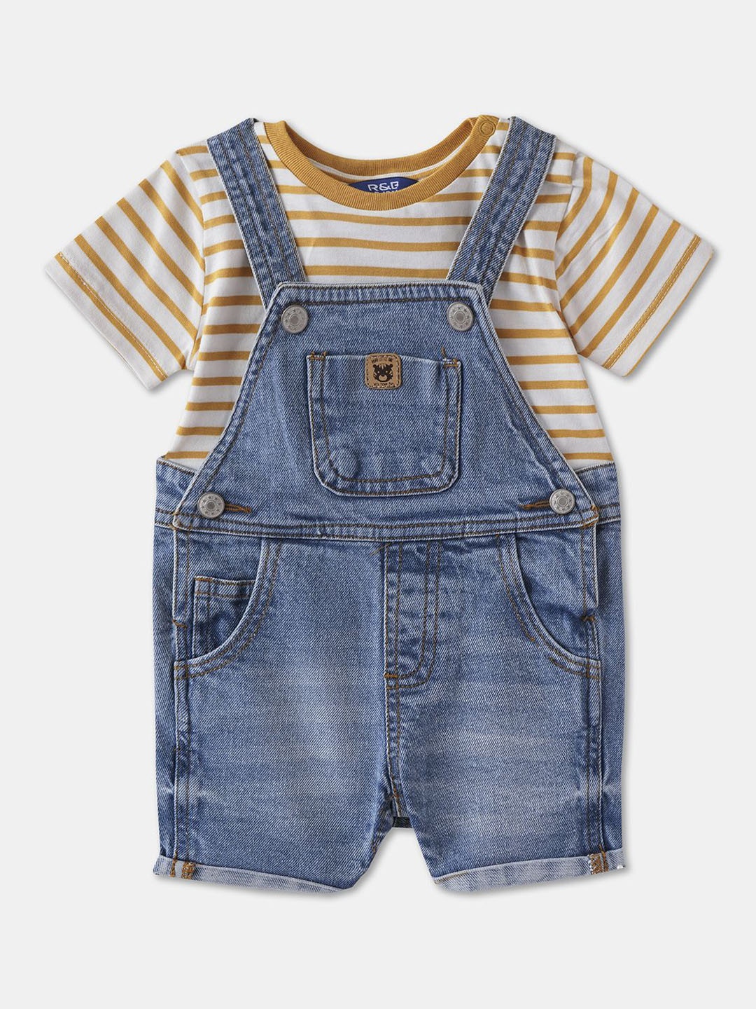 

R&B Denim jeans Infant Boys Dungaree With Stripped Pure Cotton T-Shirt, Yellow