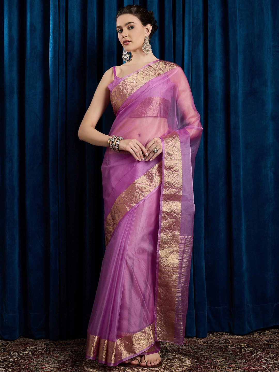 

Mitera Striped Zari Organza Saree, Mauve