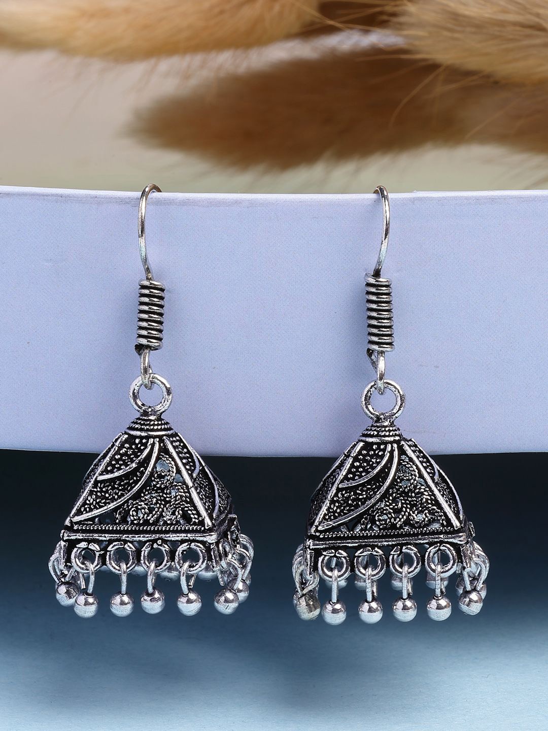 

NVR Women German Silver Oxidised Silver Plated Triangular Shaped Jhumka Earrings
