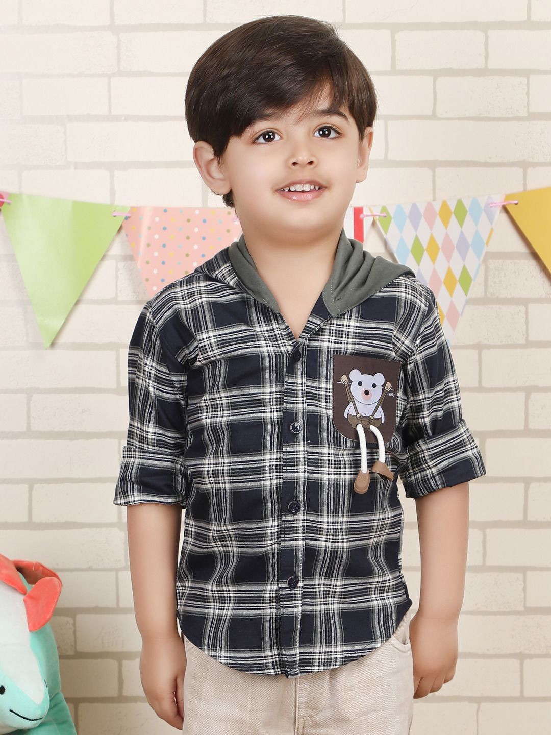 

Polka Tots Boys Tartan Checks Opaque Printed Casual Shirt, Navy blue