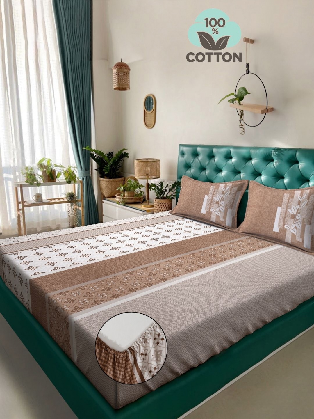 

Myntra Elegant Homes Brown & White Geometric 400 TC King Bedsheet with 2 Pillow Covers